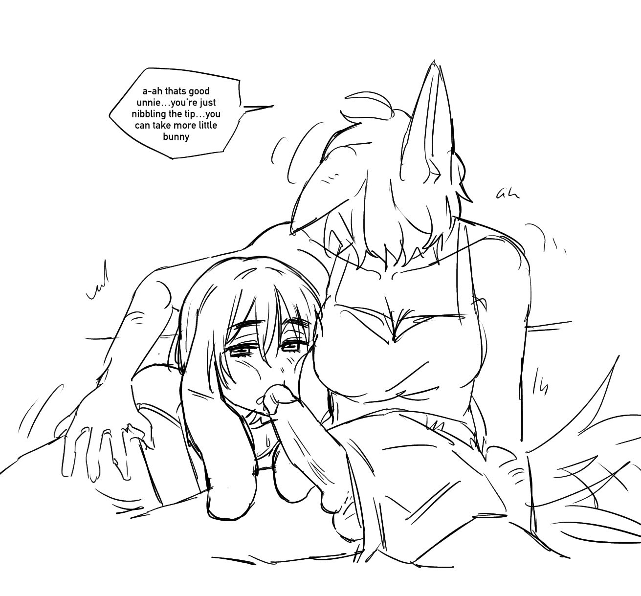 1futa, 1girls, alien stage, arm around shoulder, big penis, bra, breasts, english text, fellatio, female, futanari, intersex, mizi (alien stage), no color, penis, penis out of shorts, rabbit ears, rabbit girl, shorts, sitting, sua (alien stage), the quipper, tip in mouth, wolf ears, wolf girl