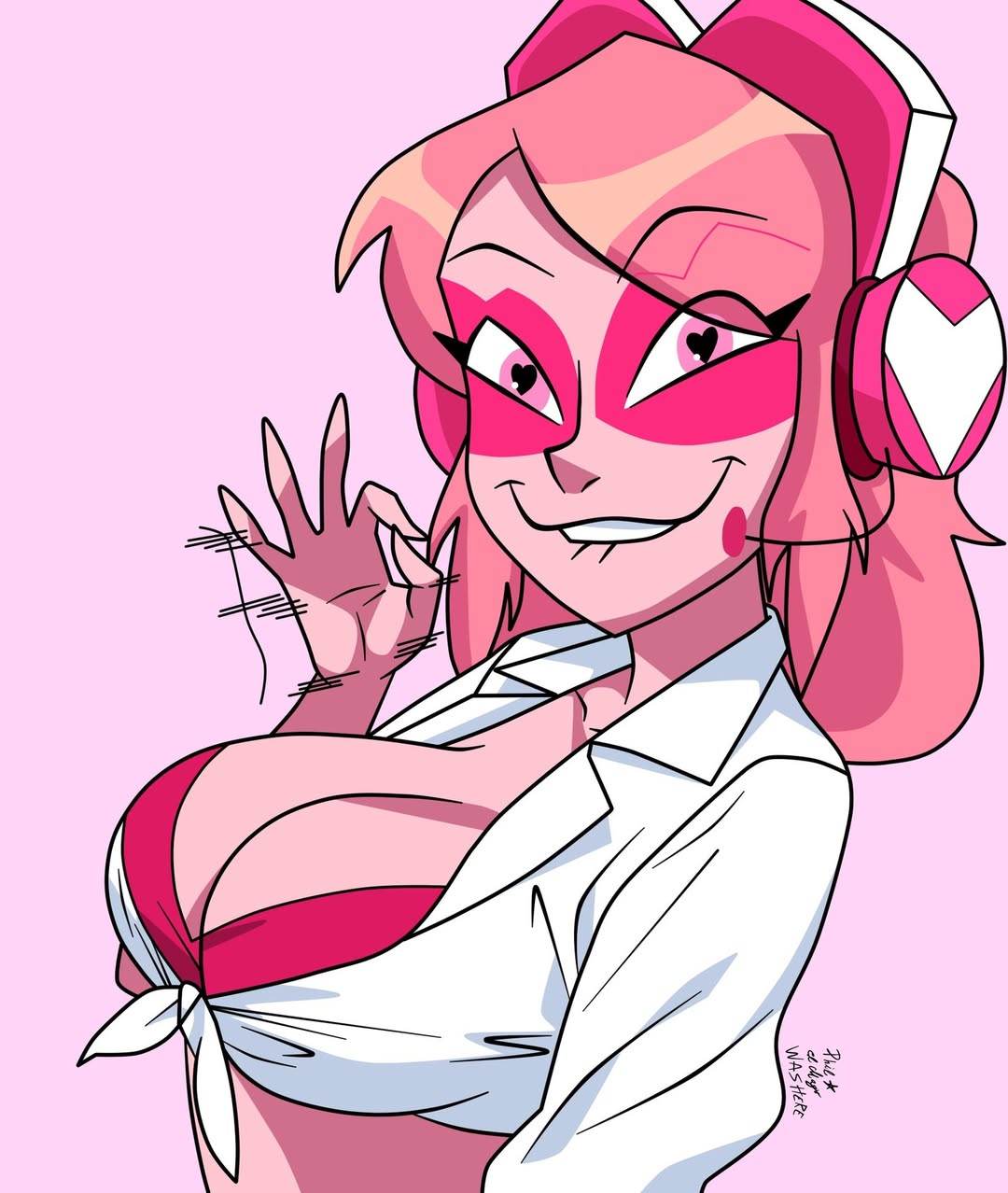 1girls, big breasts, bitting lip, breasts, female, handjob gesture, headphones, heart-shaped pupils, inviting to oral, inviting to suck, miss heed (villainous), oral invitation, philelmago, pink bra, pink eyes, pink hair, superheroine, tied shirt, villainous