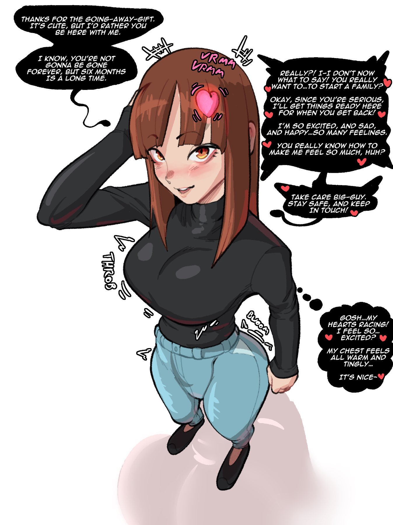 absurd res, absurdres, bangs, big breasts, breasts, brown hair, childhood friend, dialogue, female, frozenaardvark, happy trance, hard translated, hypnosis, imminent hypnosis, imminent transformation, jeans, love potion, orange eyes, straight hair, sweater, tagme, text, the varking, transformation, translation request, unaware, unaware hypnosis, wholesome, wide hips