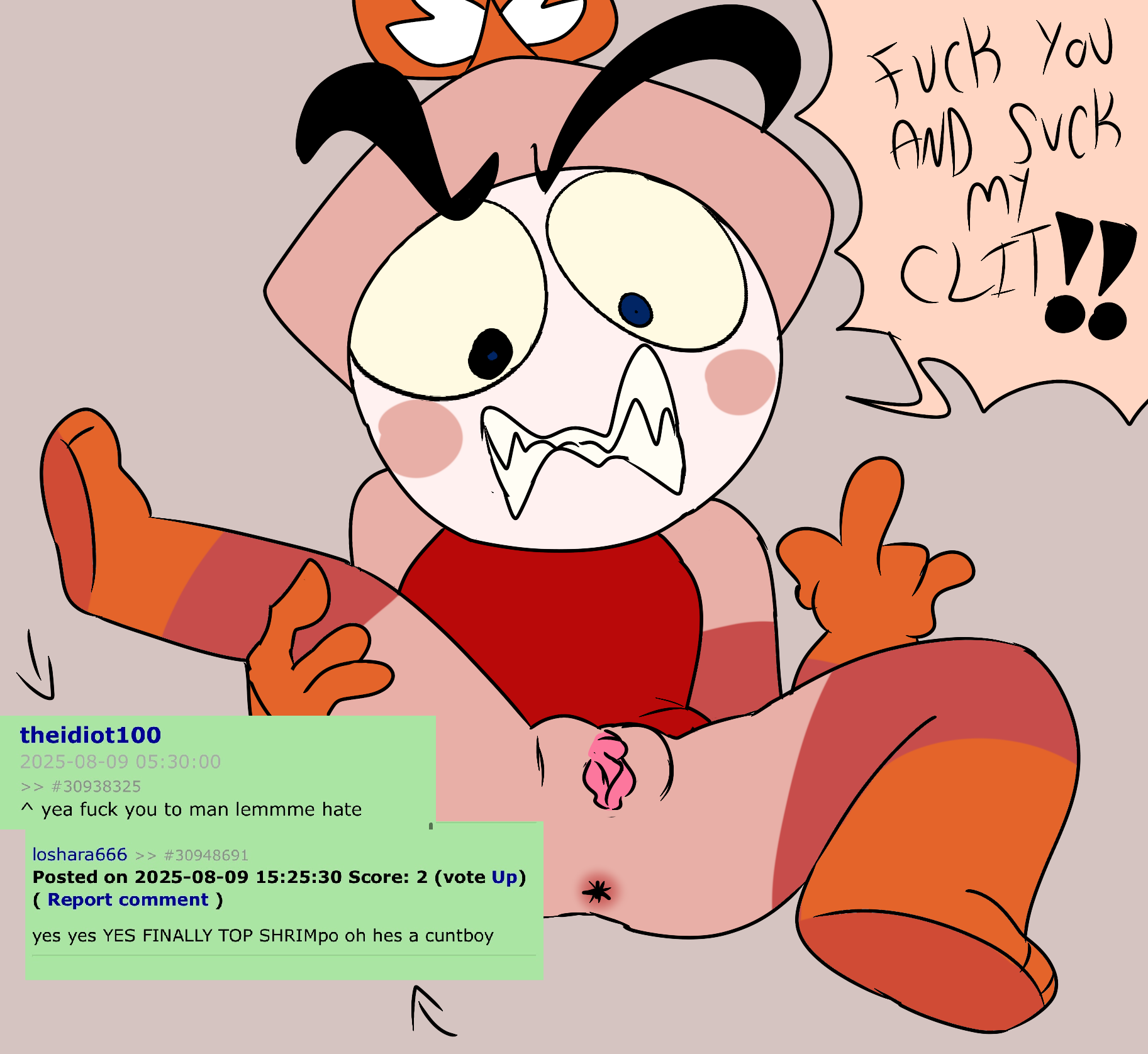cuntboy, dandy's world, holding leg, intersex, laying down, leg up, male, male only, middle finger, pussy, shrimpo (dandy's world), sitting, yeetymcbeet