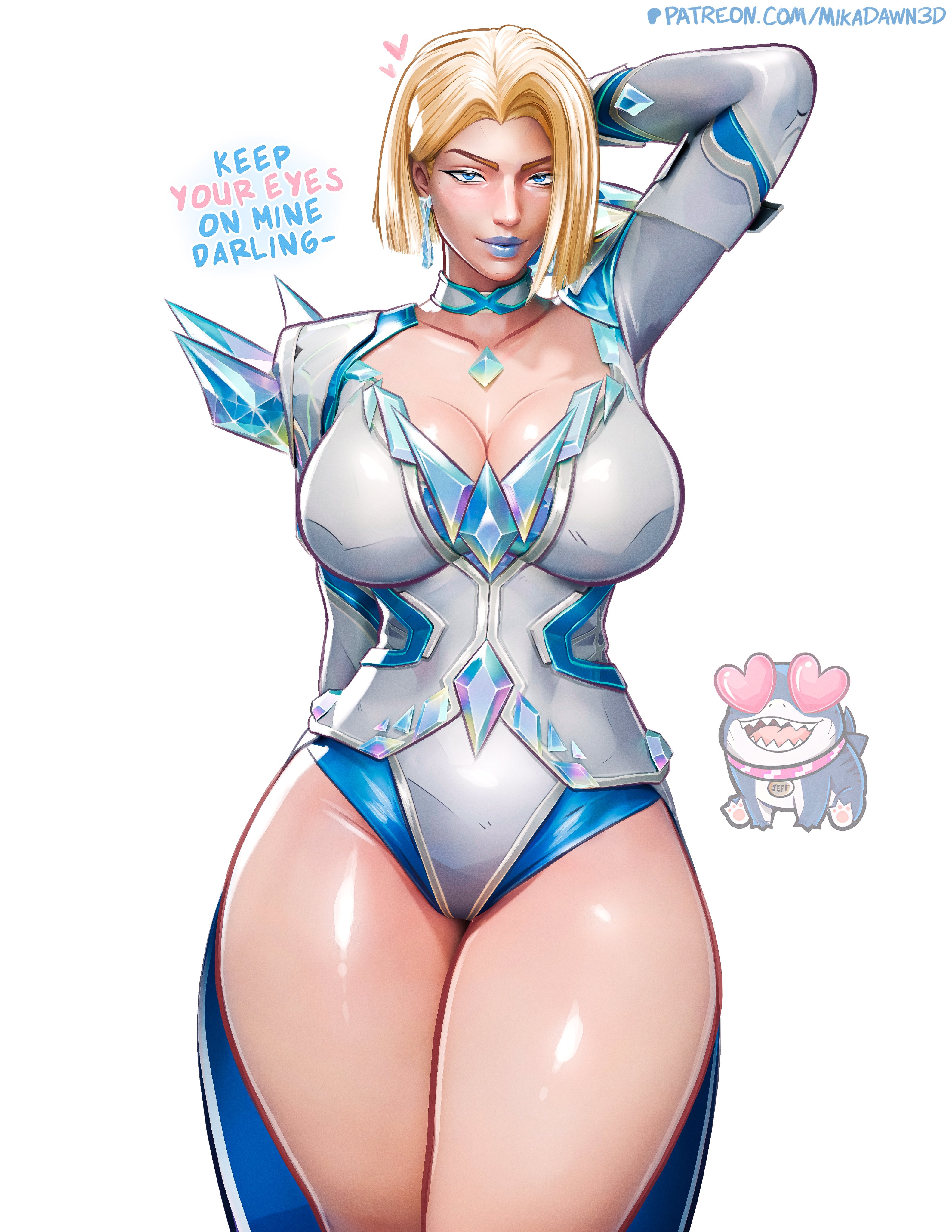 1girls, 3d, absurd res, big breasts, blonde female, blonde hair, blue lipstick, blue nails, bob cut, breasts, cleavage, emma frost, emma frost (marvel rivals), english text, female, female only, fully clothed, hi res, jeff the land shark, large breasts, light skin, light-skinned female, looking at viewer, marvel, marvel comics, marvel rivals, mikadawn, solo, text, thick thighs, thighs, wide hips, x-men