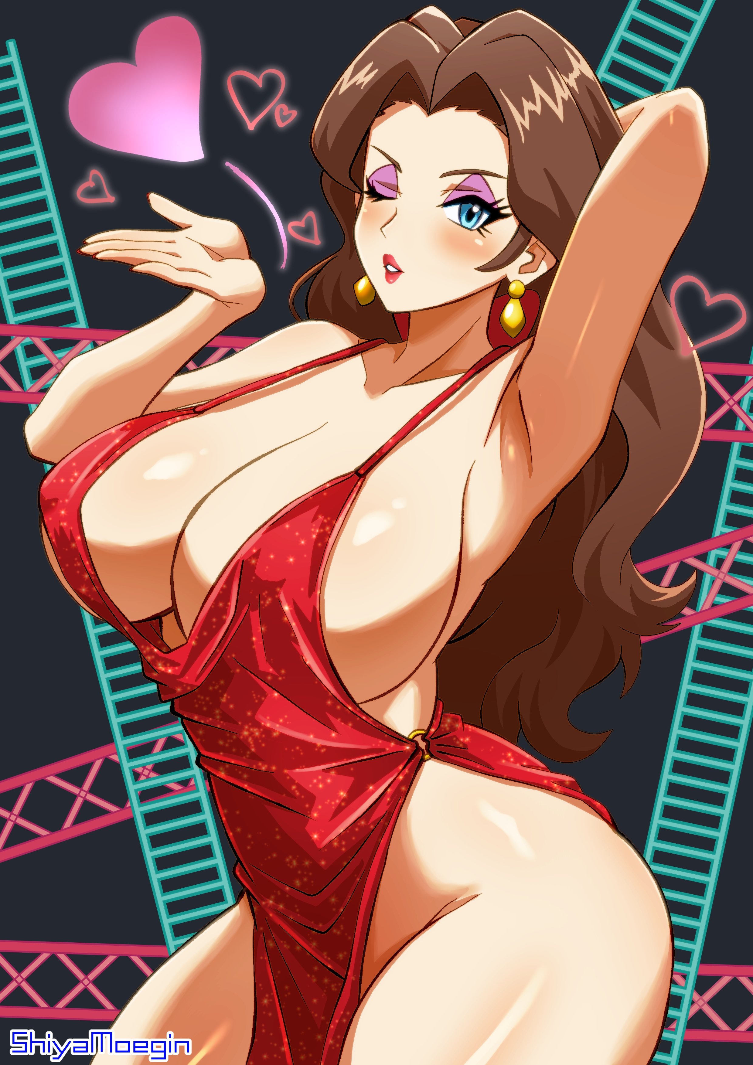 1girls, armpits, arms up, big breasts, blue eyes, blush, breasts, brown hair, cleavage, dress, earrings, female, heart, huge breasts, jewelry, lipstick, long hair, looking at viewer, makeup, mario (series), nintendo, no panties, no underwear, pauline, red dress, shiya moegin, solo, thighs