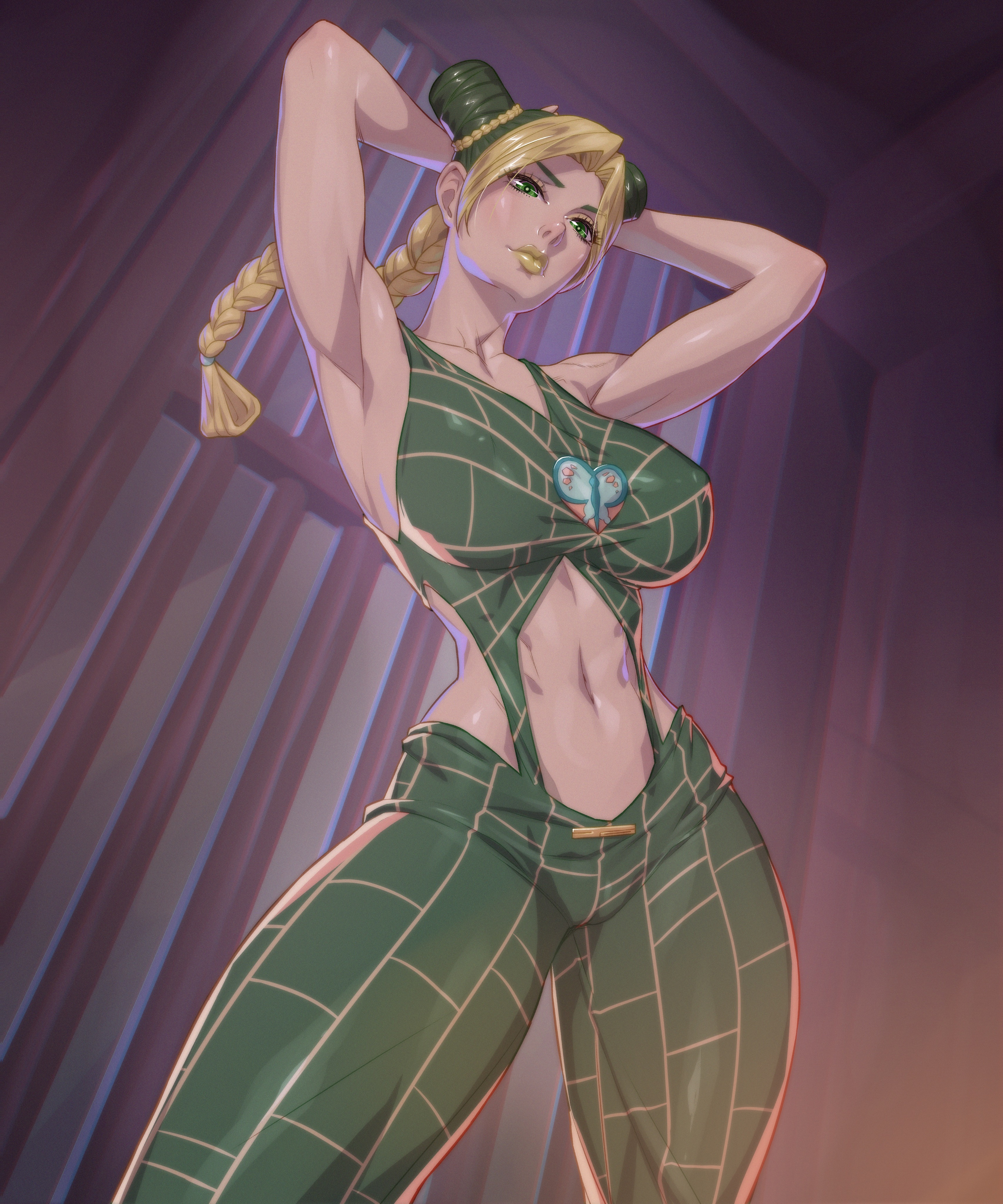 1girls, armpits, arttoru, athletic, athletic female, big breasts, breasts, female, female only, fully clothed, green eyes, human, human only, jojo's bizarre adventure, jolyne kujo, sexy armpits, solo, stone ocean, thick thighs, toned, toned female