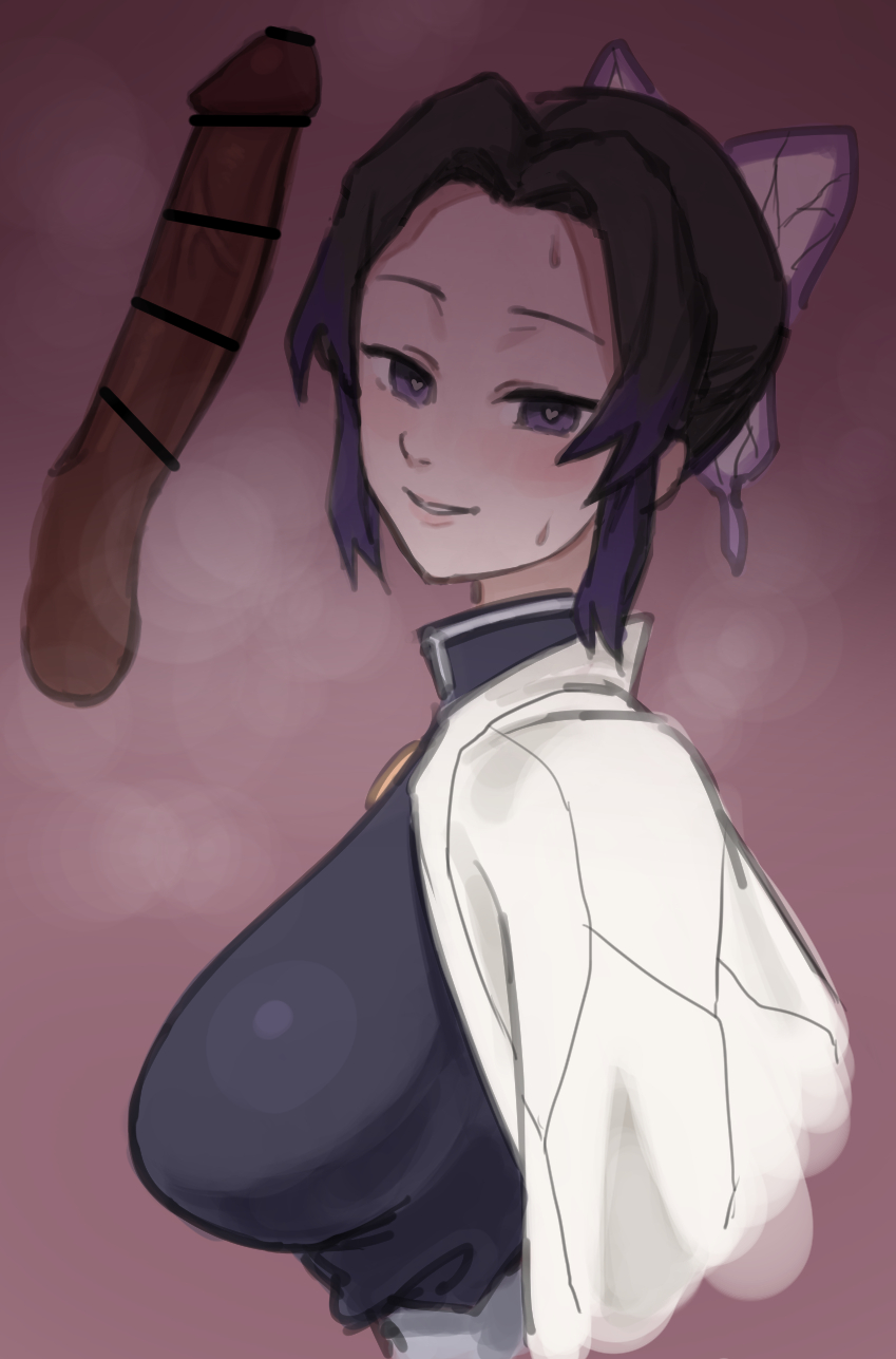 1boy, 1girls, balls, big penis, breasts, butterfly hair ornament, censor bar, censored, dark skin, dark-skinned male, demon slayer, disembodied penis, eye contact, female, giga, hair ribbon, haori, heart-shaped pupils, interracial, kimetsu no yaiba, kochou shinobu, large breasts, looking at viewer, male, penis, sweat, symbol-shaped pupils, testicles