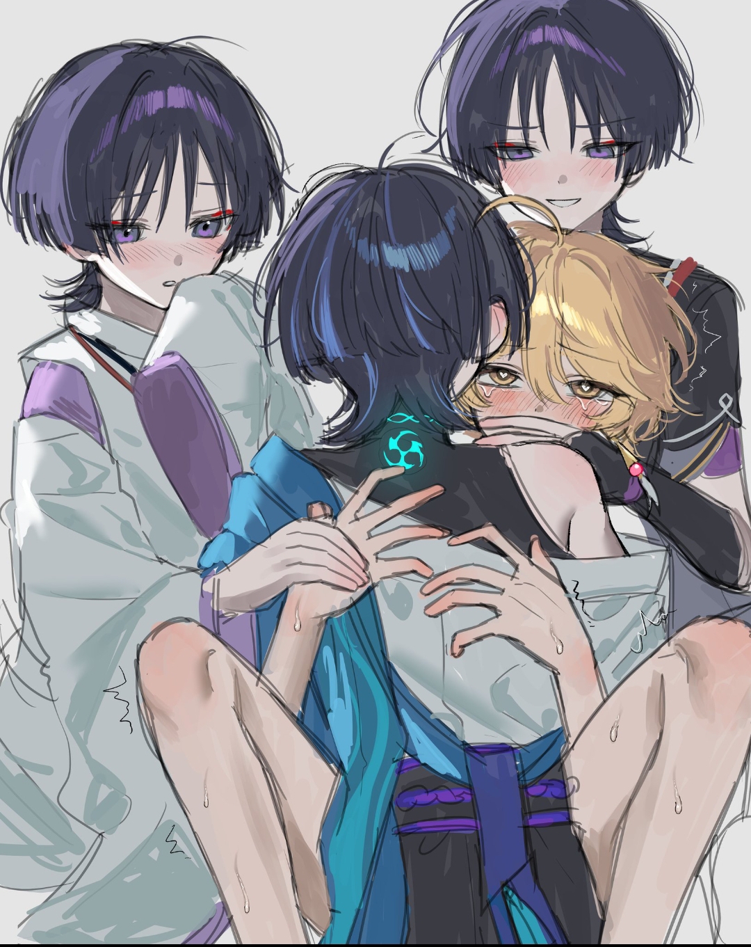 2boys, aether (genshin impact), ahoge, anal insertion, anal sex, blonde hair, braided hair, gay anal, gay sex, genshin impact, hard sex, hardcore, kabukimono, male, male only, male penetrating, scaramouche (genshin impact), shy, submissive, submissive male, threesome, wanderer (genshin impact)