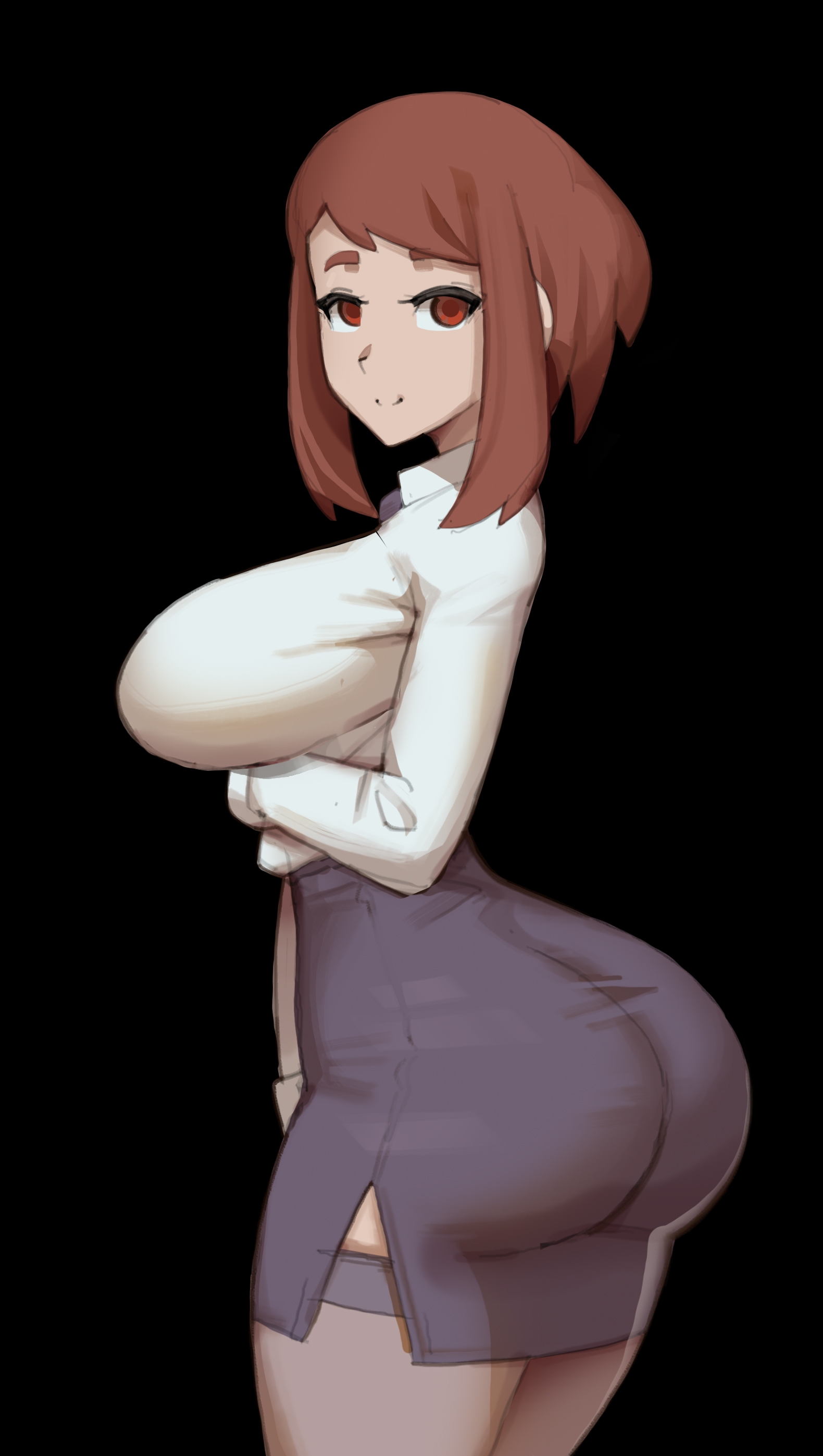 1girls, 2021, ass, ass focus, ass in dress, bimbo, black panties, black skirt, breasts, brown eyes, brown hair, brown-haired female, female, female focus, female only, heels, hi res, hips, huge ass, huge breasts, looking at viewer, my hero academia, ochako uraraka, office lady, phat smash, secretary, sheer legwear, short hair, sideboob, skindentation, skirt, slim waist, smile, smiling at viewer, thick thighs, thighhighs, thighs, tight clothing, tight fit, tight skirt, very high resolution, white shirt, wide hips