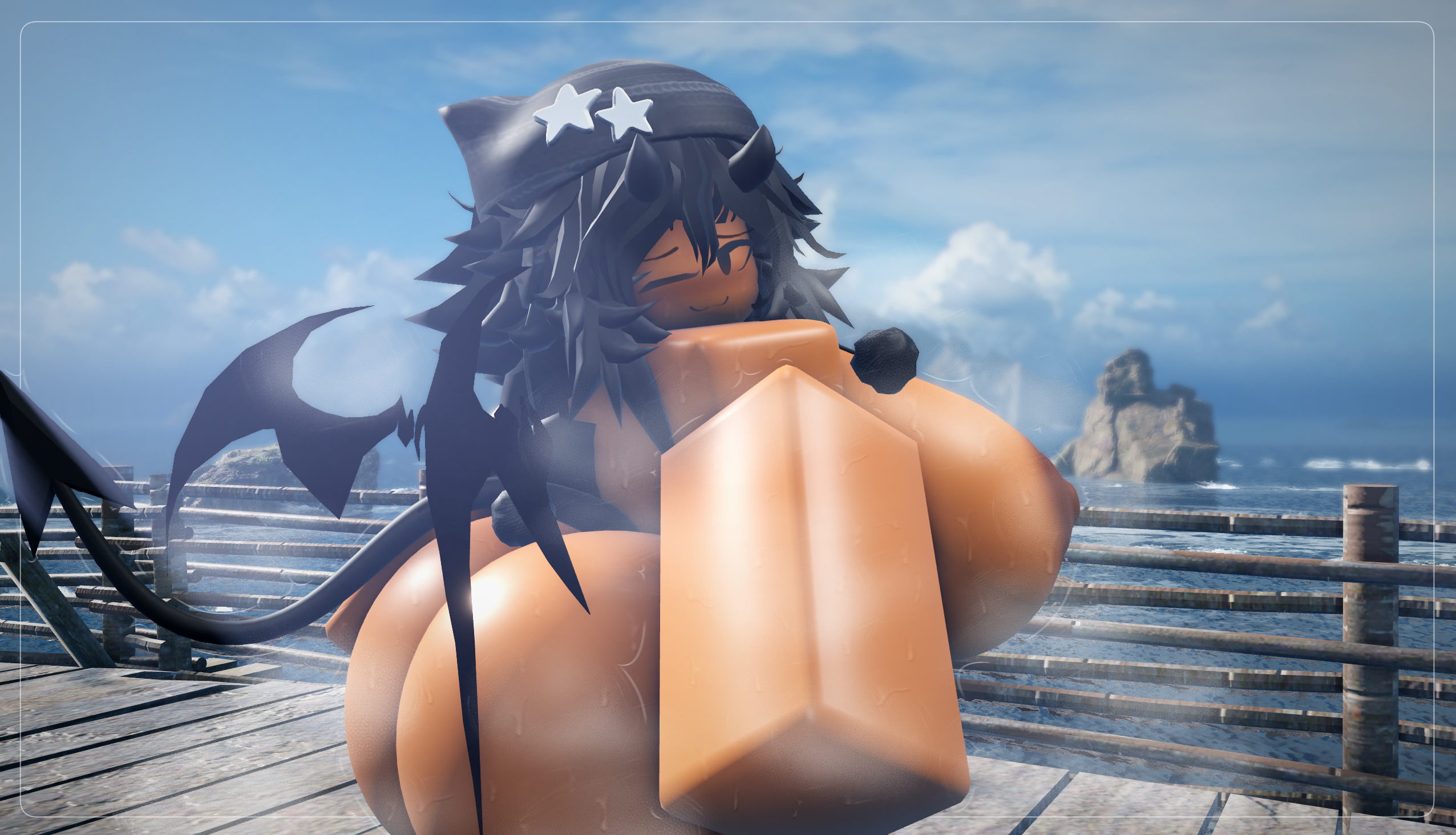 3d, areolae, ass, beanie, big ass, big breasts, black hair, breasts, brown skin, female, looking at viewer, musk, musk clouds, musky, nipples, nude, outdoors, outside, public nudity, roblox, roblox avatar, roblox studio, robloxian, solo, solo female, sweat, sweaty, tagme, wings, wink, yukari hana, yukari hanarr34