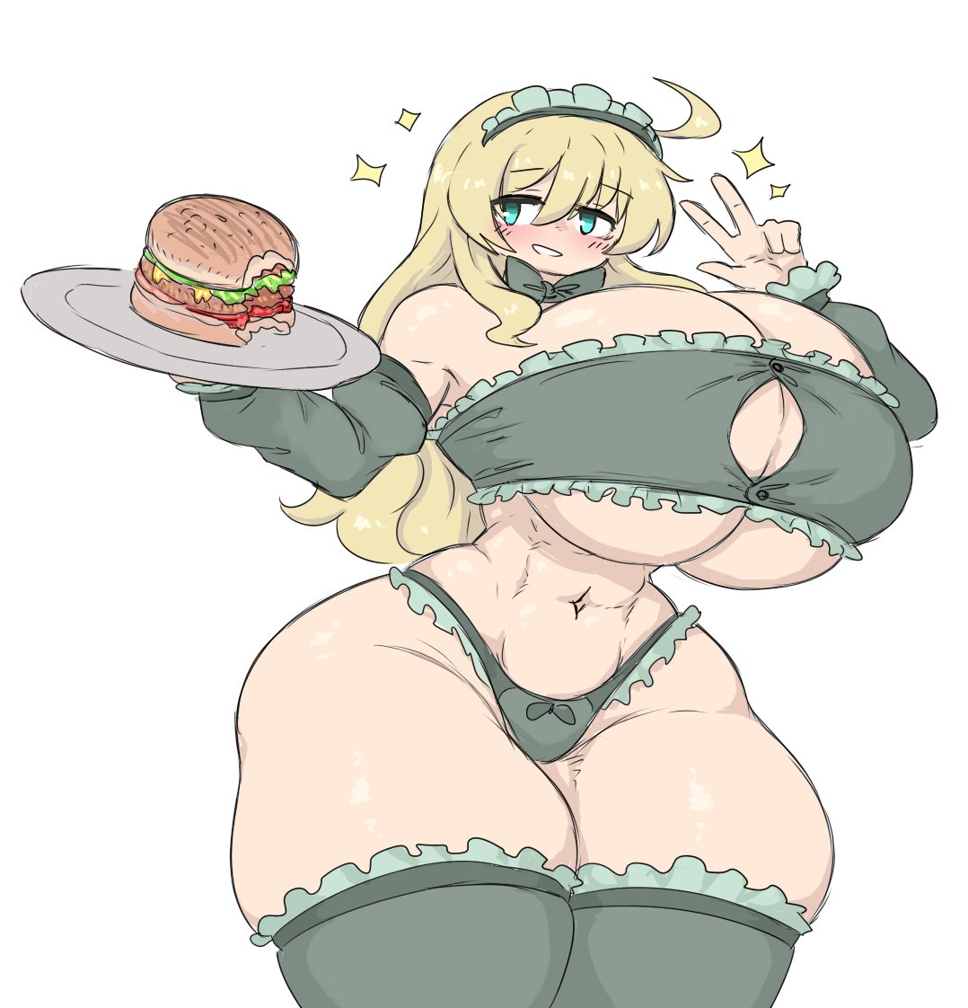 1girls, abs, big breasts, breasts, burger, cleavage, clothing, female, food, huge breasts, maid, maid headdress, maid outfit, muscular, muscular female, sheepapp, shoujo shuumatsu ryokou, solo, thick thighs, yuuri (shoujo shuumatsu ryokou)