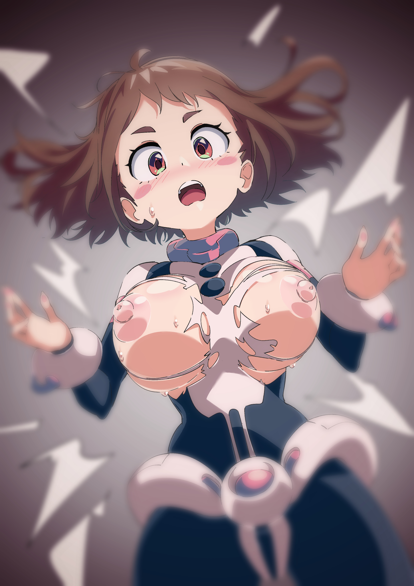 1girls, areolae, big breasts, bodysuit, breasts, breasts out, brown eyes, brown hair, brown-haired female, female, female human, hero outfit (mha), human, large breasts, light skin, light-skinned female, my hero academia, nipples, ochako uraraka, ochako uraraka (hero outfit), open mouth, ripped clothing, sajimari, slim waist, superhero costume, superheroine, surprised, teenage female, teenager, thick thighs, thighs, torn bodysuit, torn clothes
