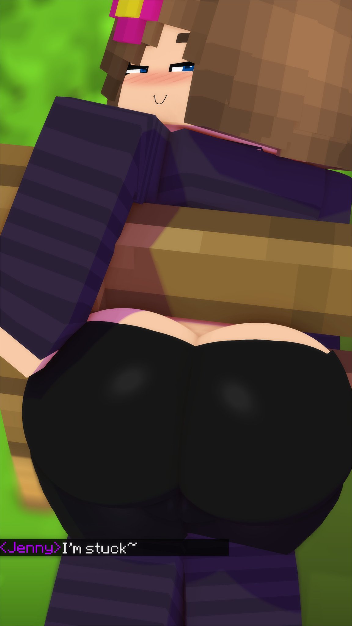 1girls 3d ass ass_cleavage ass_focus big_ass big_butt blush butt_crack cameltoe dat_ass female female_only horny_female huge_ass huge_butt human_female humanoid jenny_belle_(slipperyt) leggings light-skinned_female light_skin looking_at_viewer looking_back mine-imator minecraft no_underwear outside pale-skinned_female pale_skin short_hair slipperyt smile solo steve_you_gotta_help_me_i'm_stuck stuck thighhighs