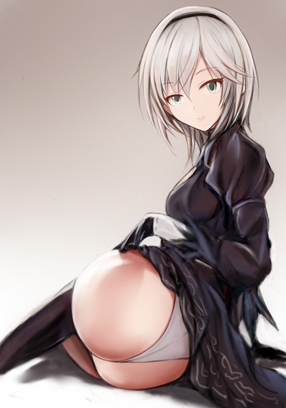 anastasia_(idolmaster) ass black_dress black_hairband black_legwear clothes_lift cosplay dress eyebrows eyebrows_visible_through_hair eyelashes eyelashes_visible_through_hair female female_only green_eyes grey_background grey_panties hair_between_eyes hairband idolmaster idolmaster_cinderella_girls lifted_by_self looking_at_viewer nannacy7 nier:_automata nier_(series) panties print_dress short_hair silver_hair simple_background yorha_2b_(cosplay)