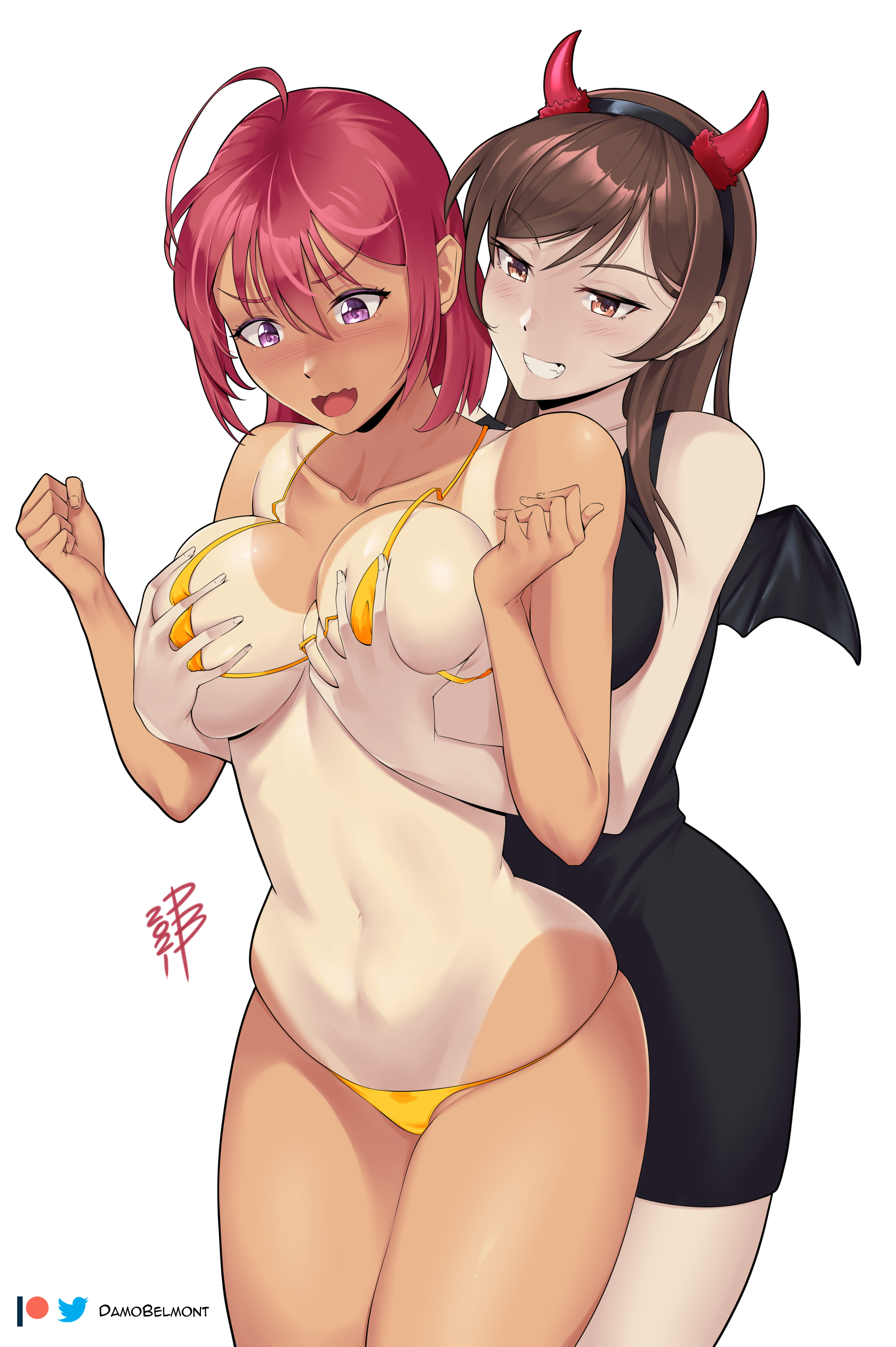 2girls, bikini, blush, bokutachi wa benkyou ga dekinai, breast grab, breasts, brown hair, cleavage, crossover, damodar, female, female only, grin, groping, kanojo okarishimasu, large breasts, long hair, mizuhara chizuru, multiple females, multiple girls, open mouth, purple eyes, standing, string bikini, takemoto uruka, tanline, tanned, white background, yellow bikini, yuri