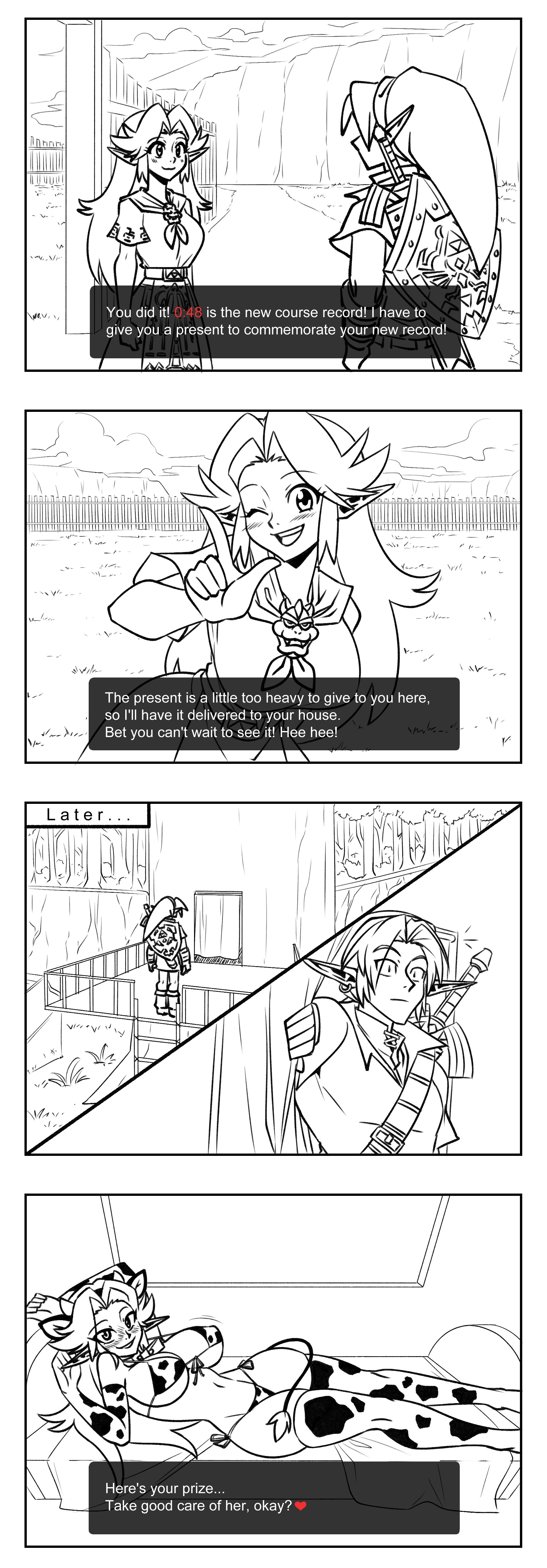 2021, 4koma, bed, belly button, big breasts, bikini, bikini bottom, bikini top, black and white, blush, breasts, comic, cow ears, cow girl, cow horns, cow print, cow tail, cowkini, farm, farmgirl, female, hourglass figure, link, link (ocarina of time), malon, matsu-sensei, navel, nintendo, ocarina of time, pointy ears, seductive, stockings, tagme, tail, the legend of zelda, thick thighs, thighs, thin waist, wide hips
