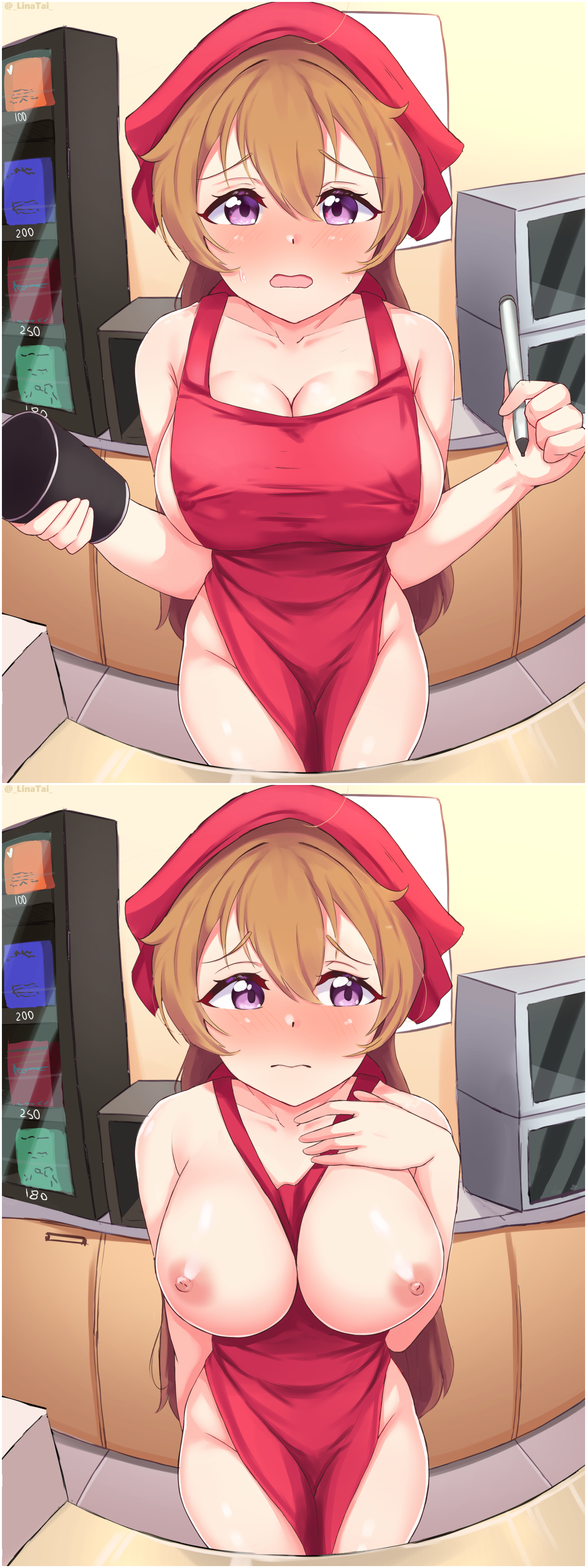 1girls, apron, areolae, blush, breasts, breasts out, cash register, clothes between breasts, drink, embarrassed, female, hi res, iced latte with breast milk, instant loss 2koma, konoe kanata, large breasts, linatai, looking at viewer, love live!, love live! nijigasaki high school idol club, meme, naked apron, nipples, presenting breasts, purple eyes, submissive, sweatdrop
