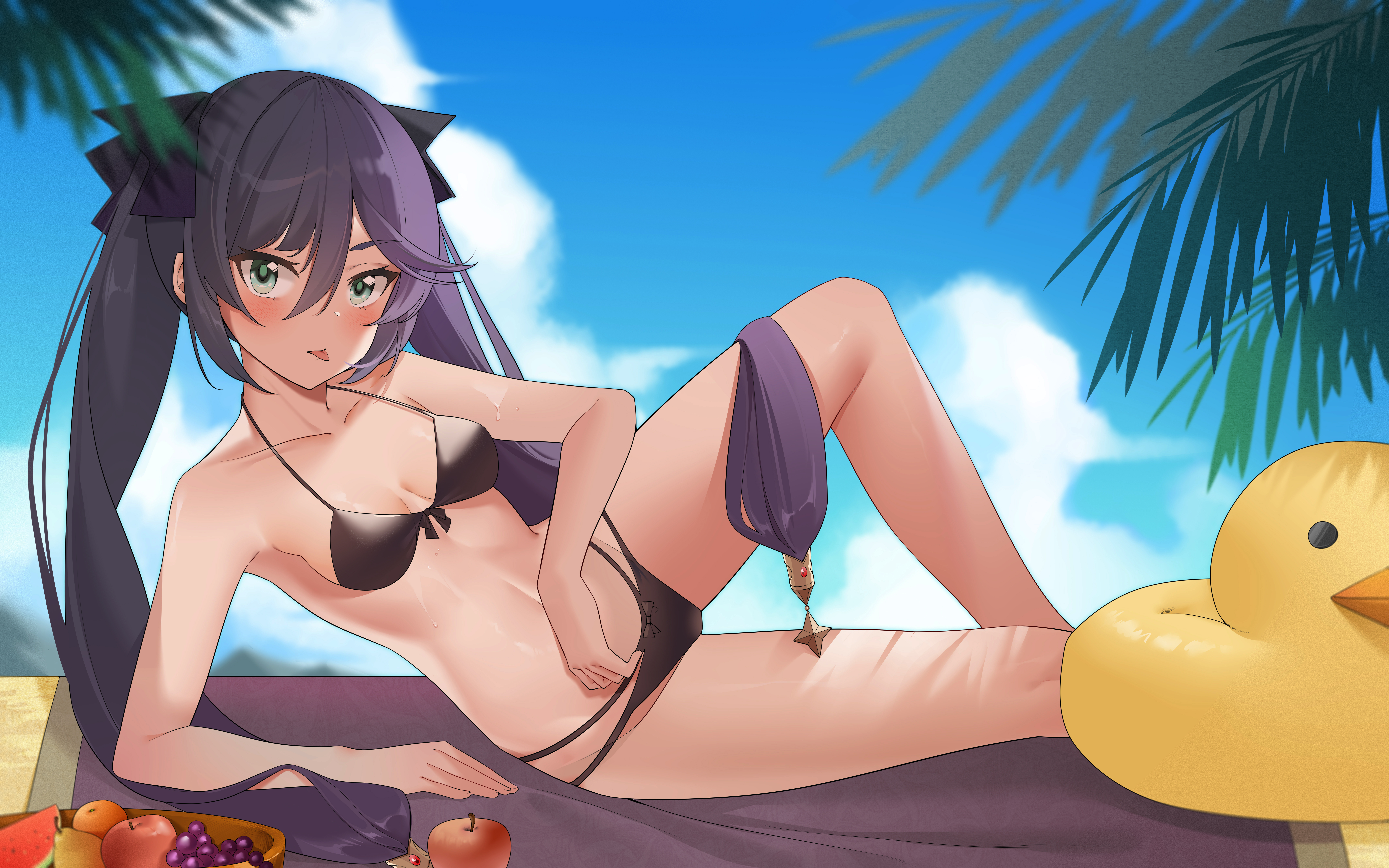 alternate costume, artist request, breasts, female, genshin impact, mona (genshin impact), outdoors, outside, solo, swimsuit, tagme, the first pigeon ji