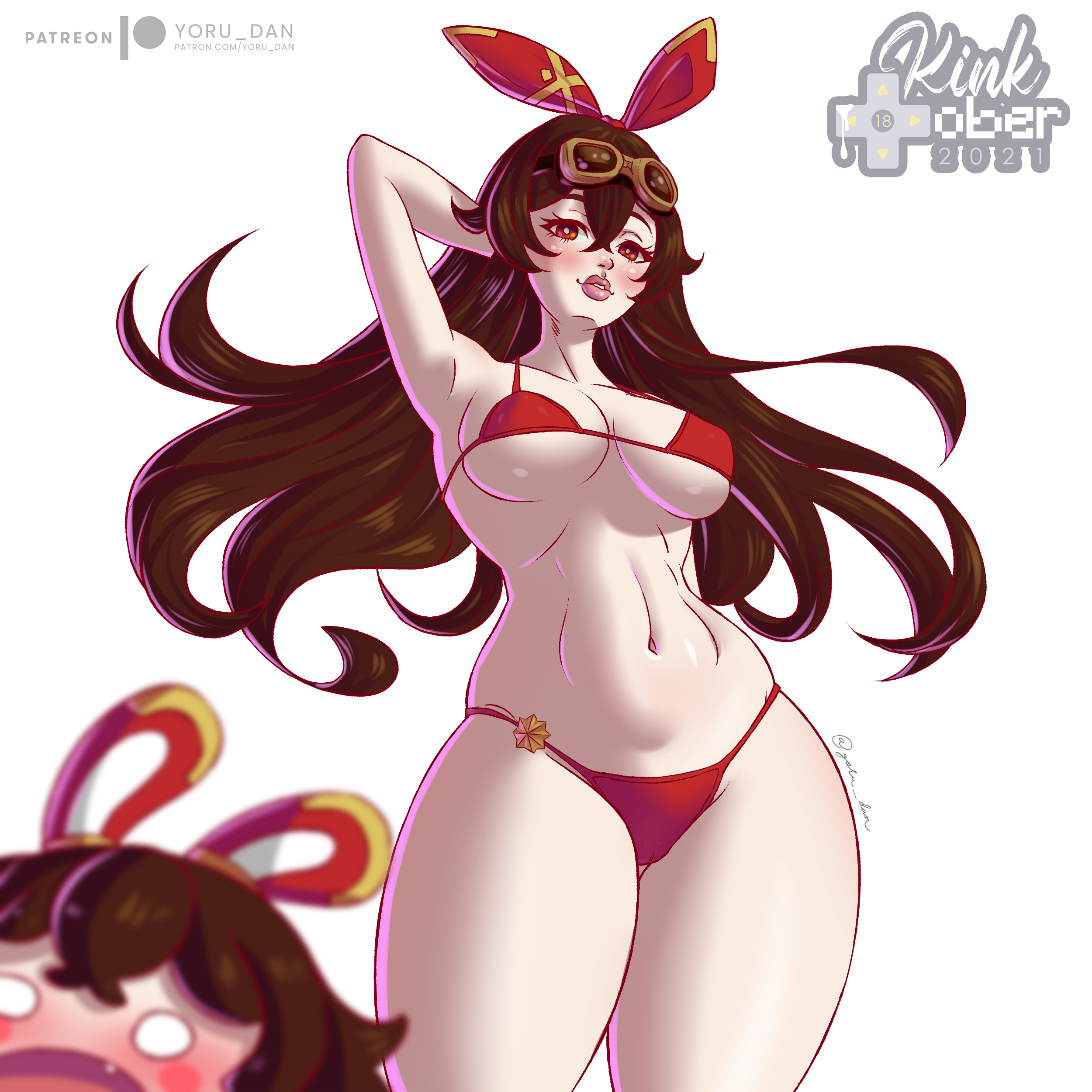 1girls, amber (genshin impact), baron bunny (genshin impact), big breasts, bikini, bikini bottom, bikini top, breasts, brown hair, eye contact, female, genshin impact, hair ribbon, long hair, looking at viewer, standing, thick thighs, yoru dan