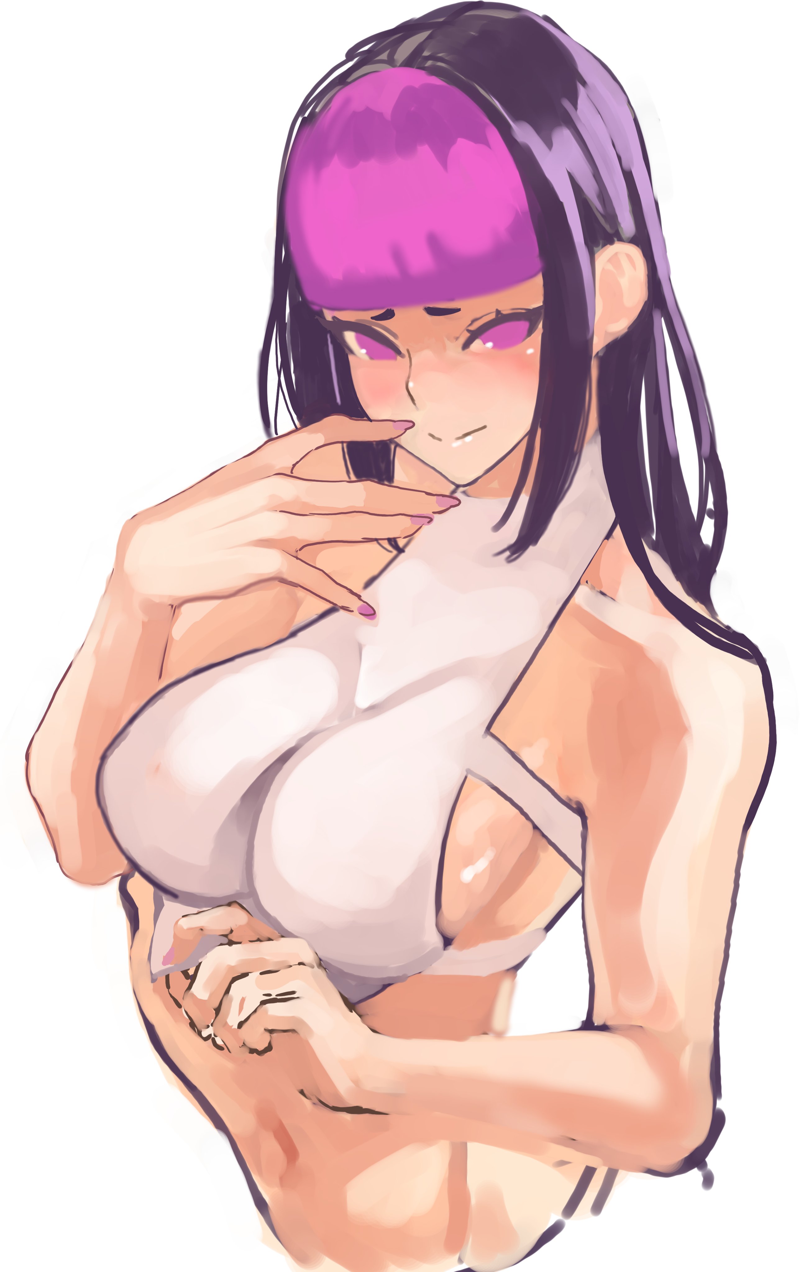 black hair, dyed hair, female, fingernails, juri han, painted nails, purple eyes, purple hair, sketch, street fighter, tank top, white background, yokonohou