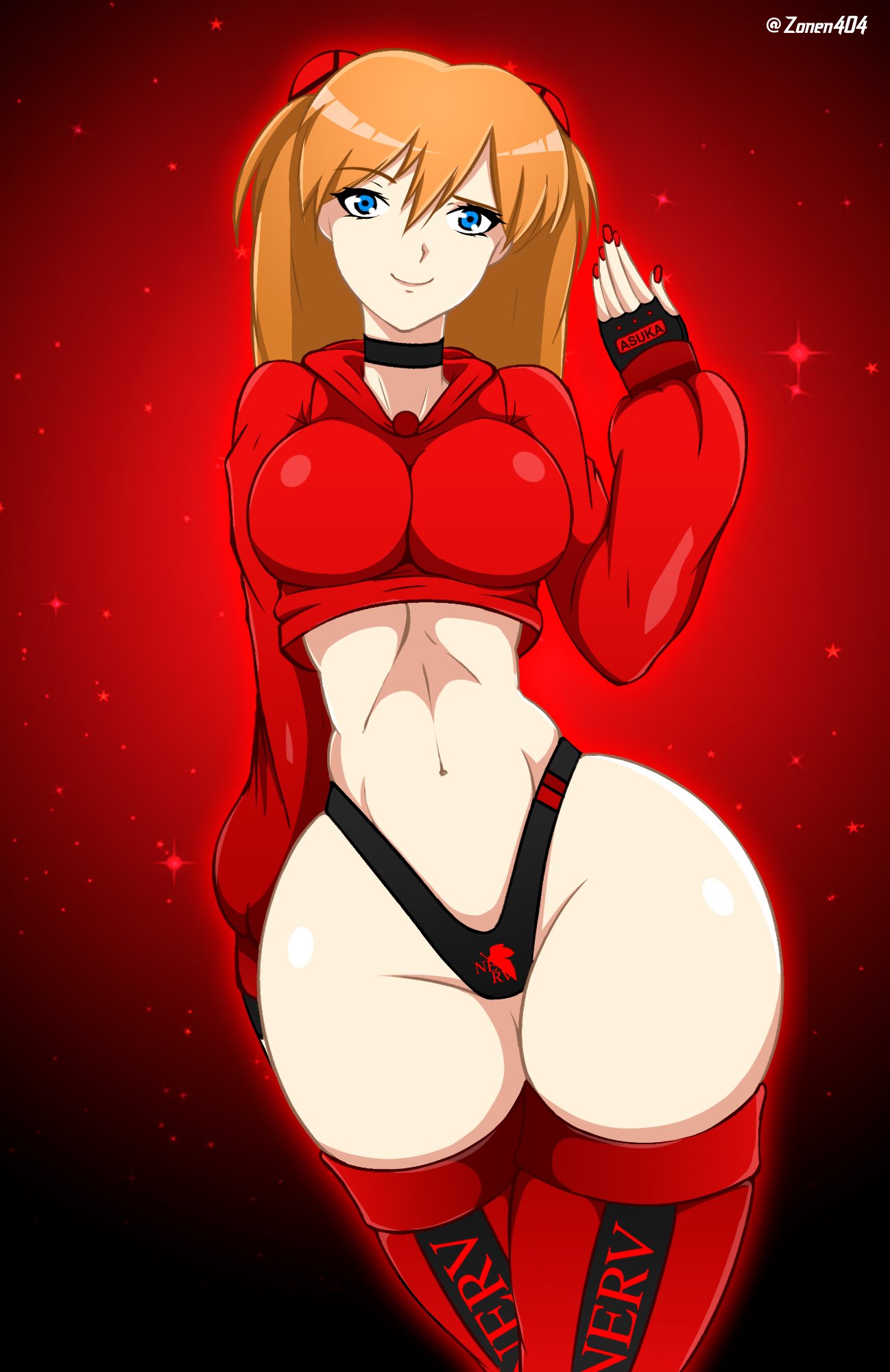 1girls, asuka langley sohryu, big breasts, blue eyes, breasts, choker, clothing, eye contact, female, female thick thighs, fingerless gloves, large breasts, long hair, looking at viewer, neon genesis evangelion, orange hair, solo, standing, stockings, thick thighs, thighhighs, thighs, thong, wide hips, zonen404