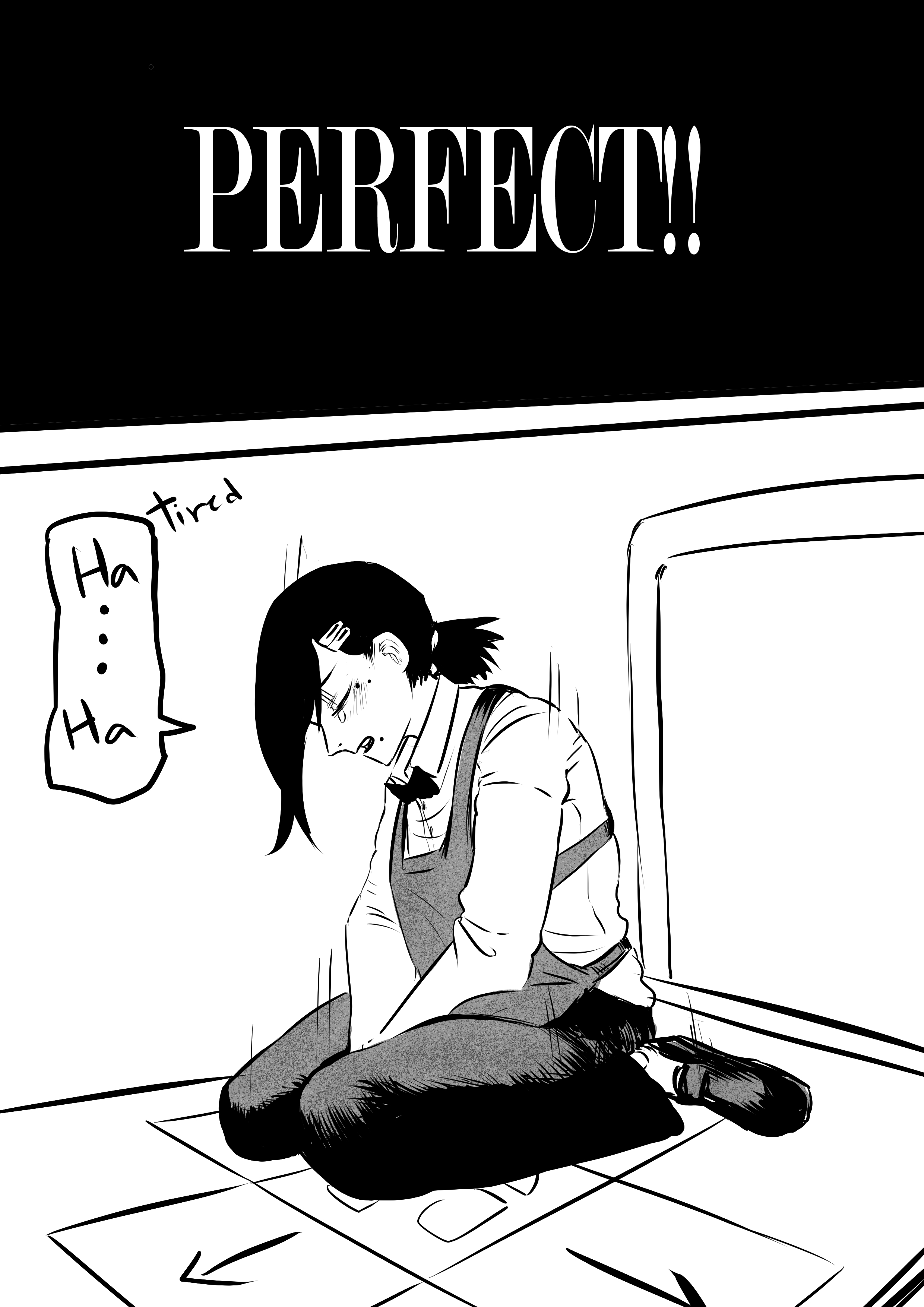 1girls, amano44, apron, black hair, bowtie, canonical scene, chainsaw man, comic, english, english text, exhausted, female, female only, higashiyama kobeni, monochrome, shadow, shoes, suit, text, tired