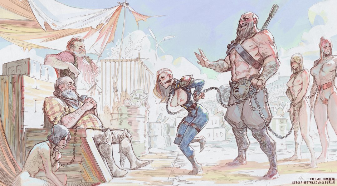 2021, 3boys, 4girls, age difference, areolae, bethesda softworks, blonde hair, bondage, breasts, breasts out, chained, chains, clothed male nude female, coffle, collar, fallout, female, group, harem, light skin, light-skinned female, light-skinned male, male, multiple boys, multiple females, multiple girls, multiple males, muscular, nipples, nude, nude female, outdoor nudity, outdoors, pubic hair, sabudenego, size difference, sketch, slave, slave girl, slave market, standing, vault dweller, vault girl, vault suit