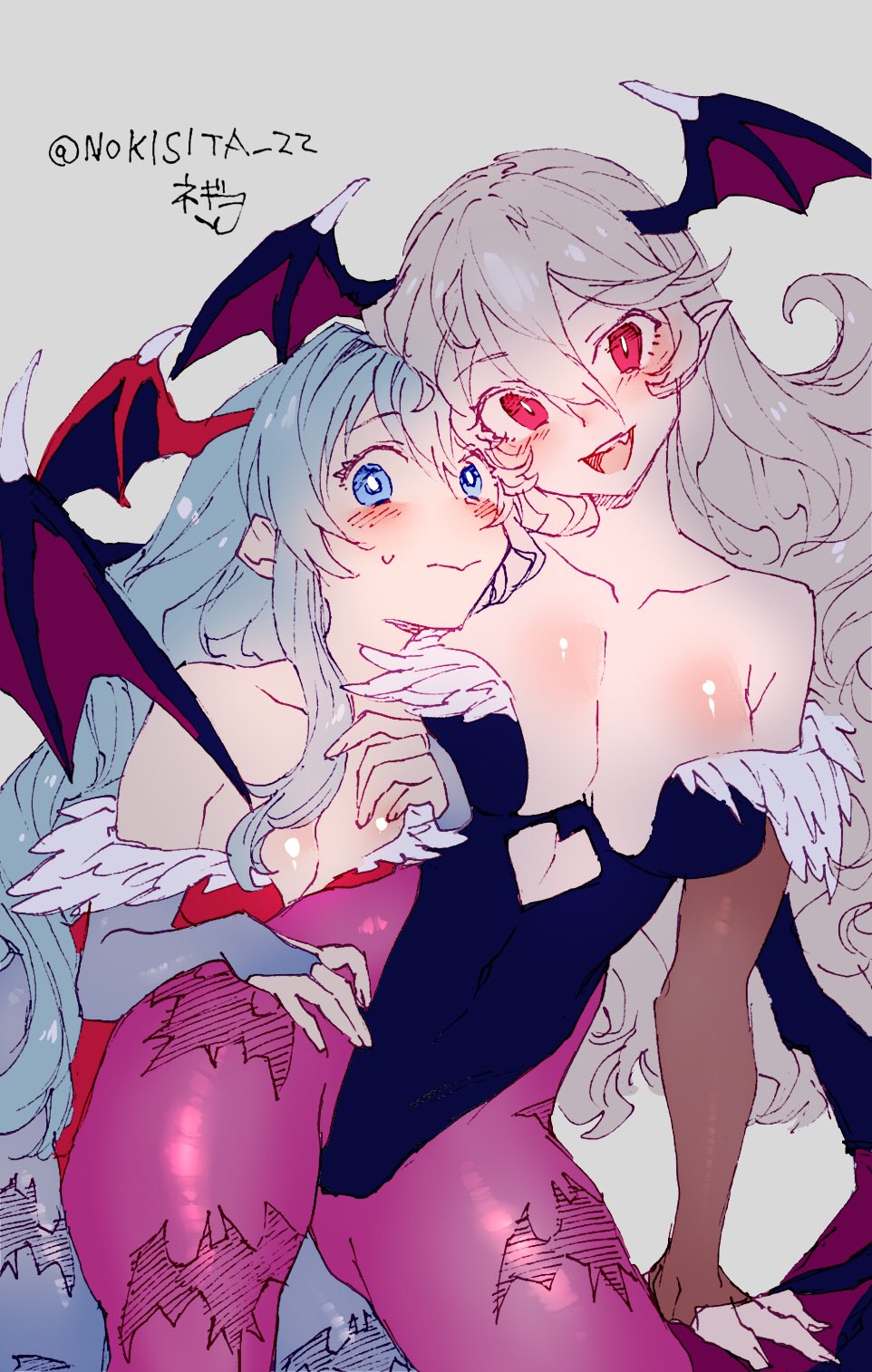 2girls alternate_costume bat_wings blush breasts capcom cleavage clothing corrin_(fire_emblem) corrin_(fire_emblem)_(female) cosplay covered_navel darkstalkers eirika_(fire_emblem) embarrassed female_only fire_emblem fire_emblem:_the_sacred_stones fire_emblem_fates fire_emblem_heroes large_breasts light_blue_eyes light_blue_hair lilith_aensland lilith_aensland_(cosplay) manakete morrigan_aensland morrigan_aensland_(cosplay) multiple_girls naughty_face negiwo nintendo nokisita_22 platinum_blonde_hair red_eyes small_breasts smile succubus