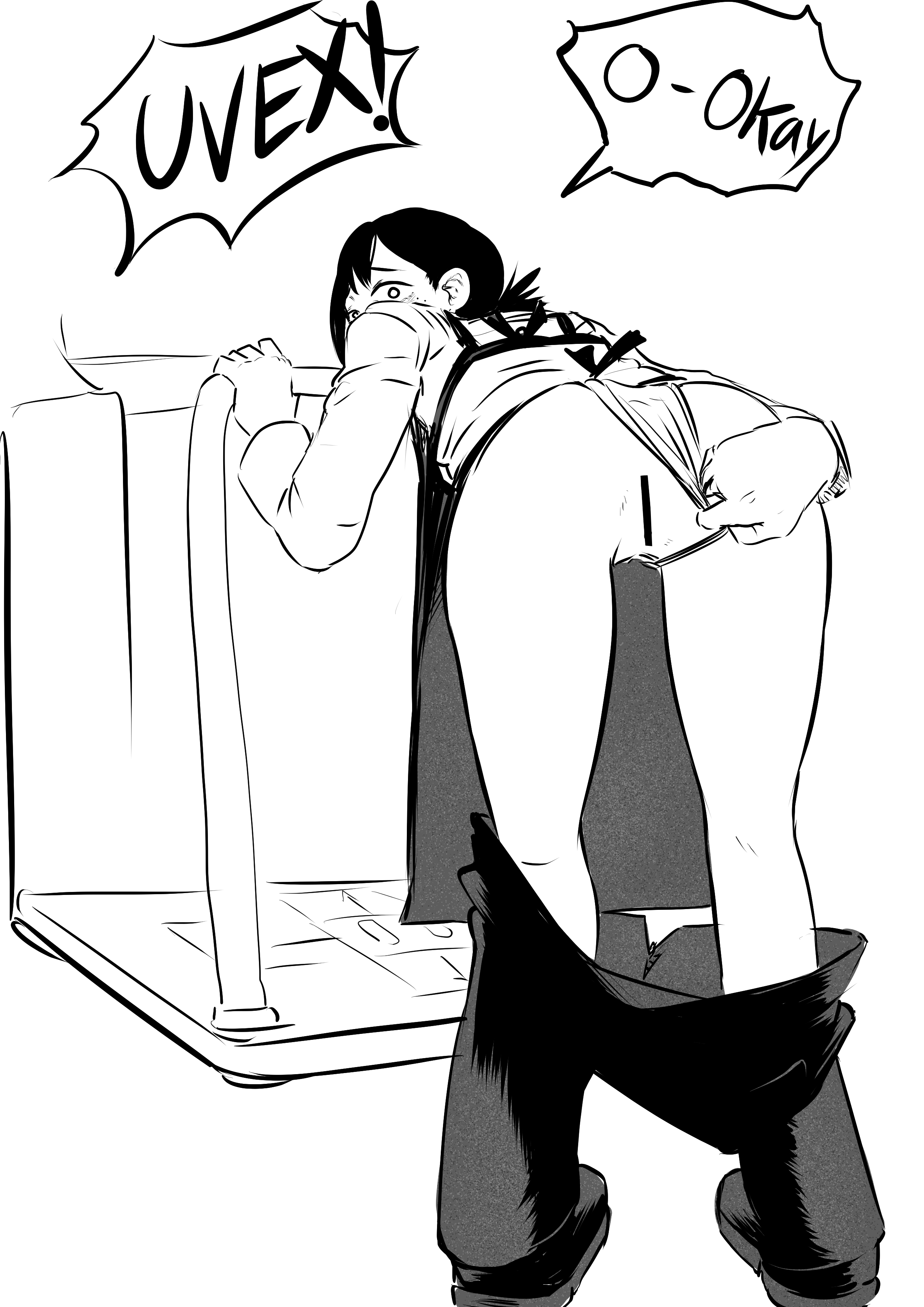 1girls, amano44, apron, ass, bending over, black hair, chainsaw man, come hither, comic, dialogue, english text, female, female only, higashiyama kobeni, monochrome, panties, panties aside, panty pull, pussy, text, underwear