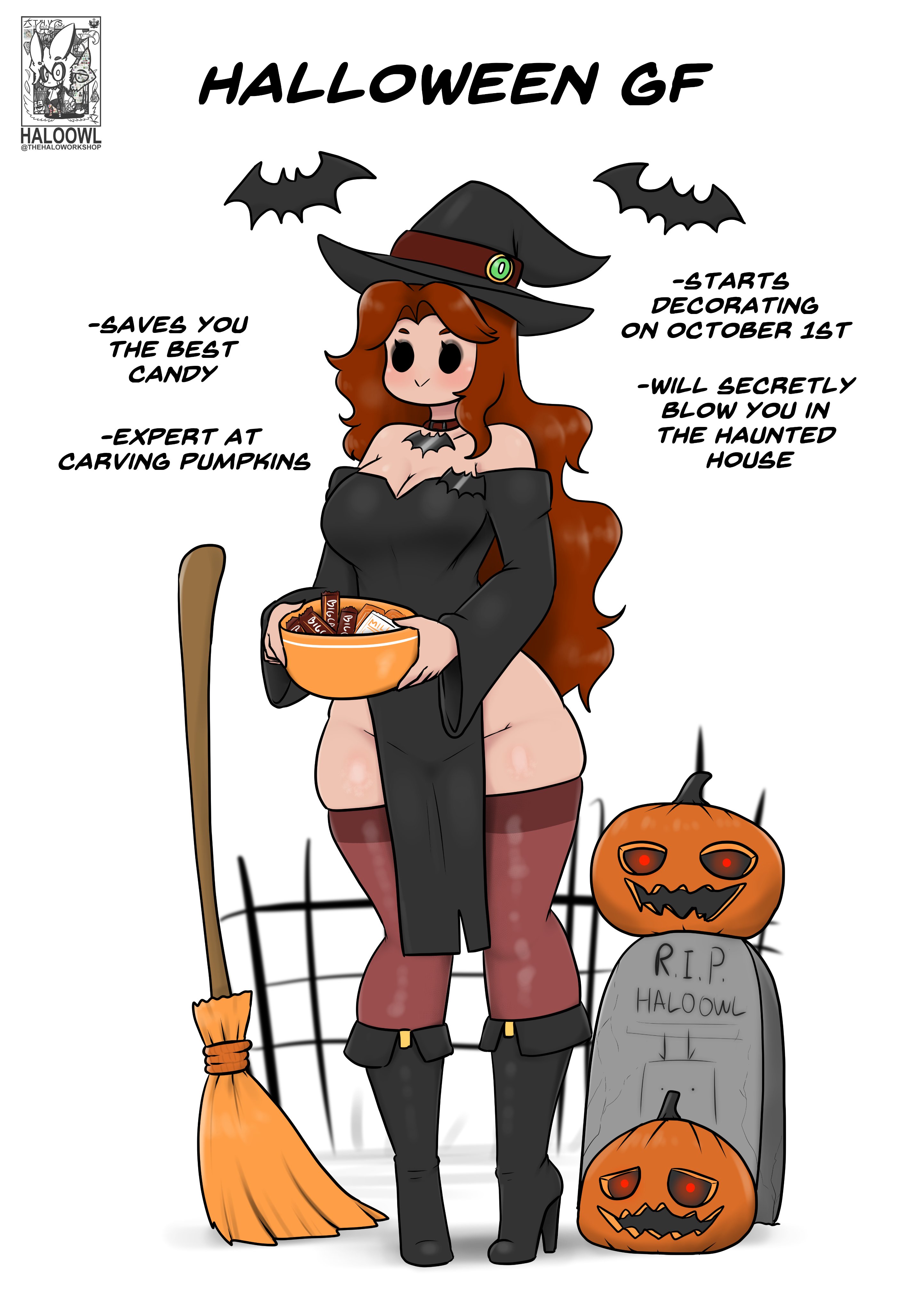 1girls, alternate version at source, alternate version available, artist logo, artist name, bat, black eyes, blush, breasts, broom, brown hair, candy, choker, cleavage, clothed, clothed female, collarbone, female, female only, halloween, halloween costume, haloowl, heels, high heels, holding, holding object, ideal gf, long hair, original, pigeon-toed, pumpkin, smile, solo, solo female, standing, tagme, text, thighhighs, very long hair, witch hat