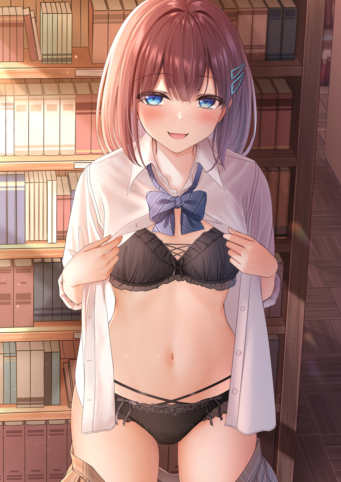 1girls, blue eyes, book, bookshelf, bra, breasts, brown hair, female, female only, library, looking at viewer, monaka curl, naughty face, navel, original, panties, school uniform, schoolgirl, skirt, skirt pull, small breasts, smile, teenager, unbuttoned, underwear, undressing