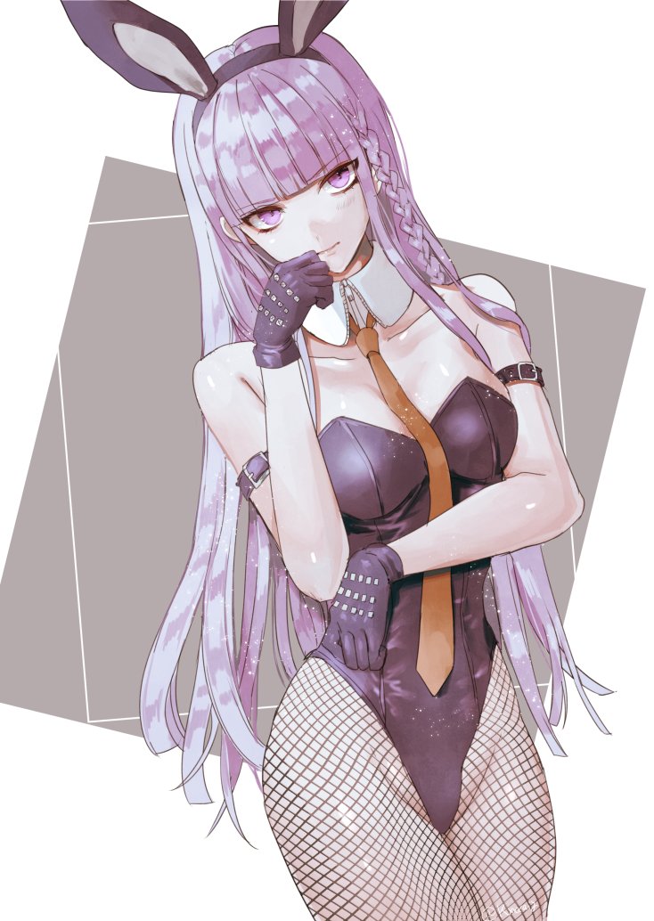 1girls breasts bunny_ears bunny_girl bunnysuit danganronpa female female_only fishnets kirigiri_kyouko leotard purple_eyes purple_hair sakuyu solo straight_hair thick_thighs thighs thinking tight_clothing