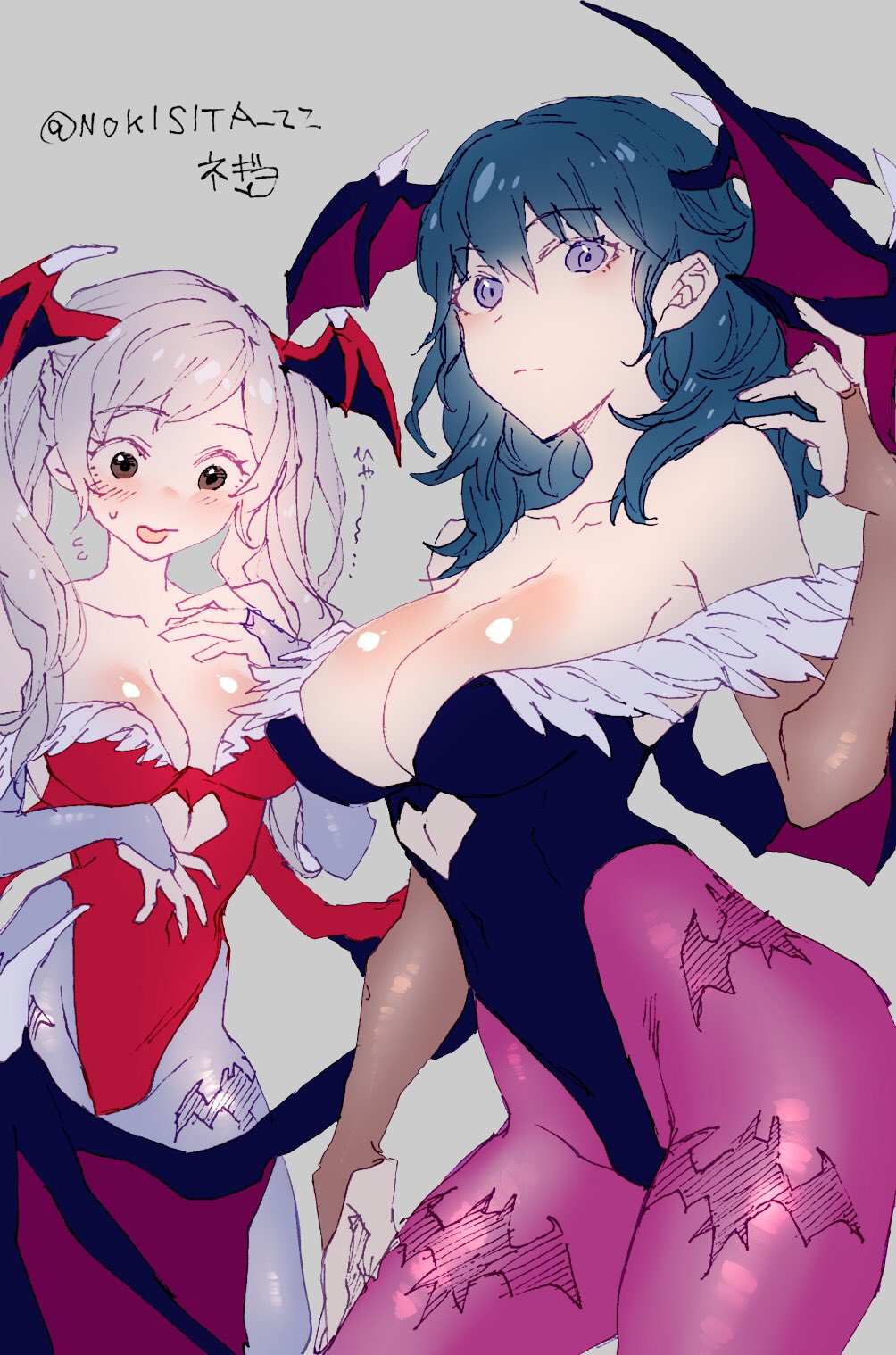 2girls alternate_costume bat_wings blue_eyes blue_hair blush breasts brown_eyes byleth_(fire_emblem) byleth_(fire_emblem)_(female) capcom cleavage clothing cosplay covered_navel darkstalkers embarrassed female_only fire_emblem fire_emblem:_three_houses fire_emblem_awakening large_breasts lilith_aensland lilith_aensland_(cosplay) morrigan_aensland morrigan_aensland_(cosplay) multiple_girls negiwo nintendo nokisita_22 robin_(fire_emblem) robin_(fire_emblem)_(female) silver_hair small_breasts succubus