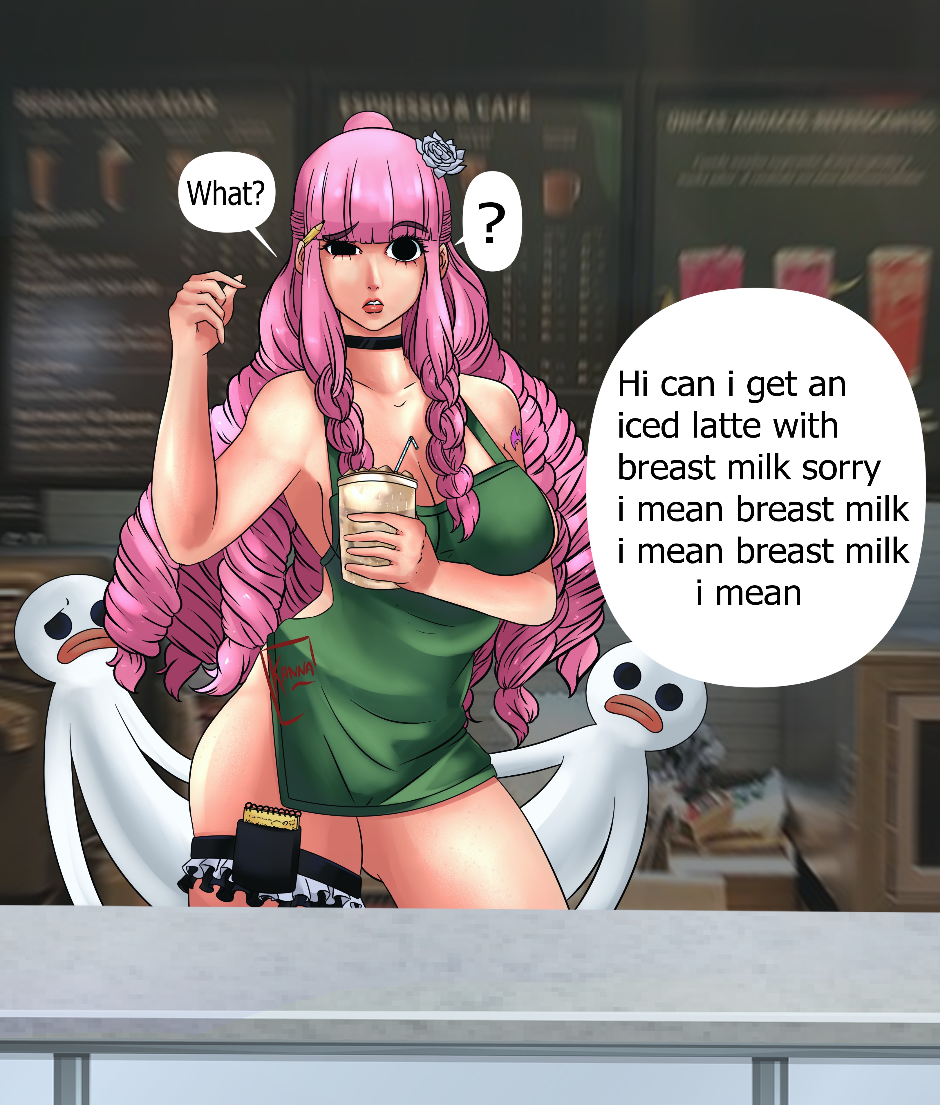 1girls, alternate version available, apron, apron only, arm tattoo, artist request, ass, bare arms, bare legs, bare shoulders, bat tattoo, black eyes, bottomless, braided hair, braided ponytail, braided twintails, breasts, cleavage, coffee, coffee cup, coffee mug, coffee shop, dialogue, english text, female, female only, iced latte with breast milk, light skin, light-skinned female, lips, lipstick, long hair, looking at viewer, medium breasts, meme, naked apron, no panties, one piece, pale skin, pale-skinned female, perona, pink hair, pink lips, pink lipstick, pink tattoo, pink-haired female, ponytail, post-timeskip, pov, pov eye contact, shounen jump, speech bubble, starbucks, tattoo, text, tied hair, twintails, voluptuous, wide hips