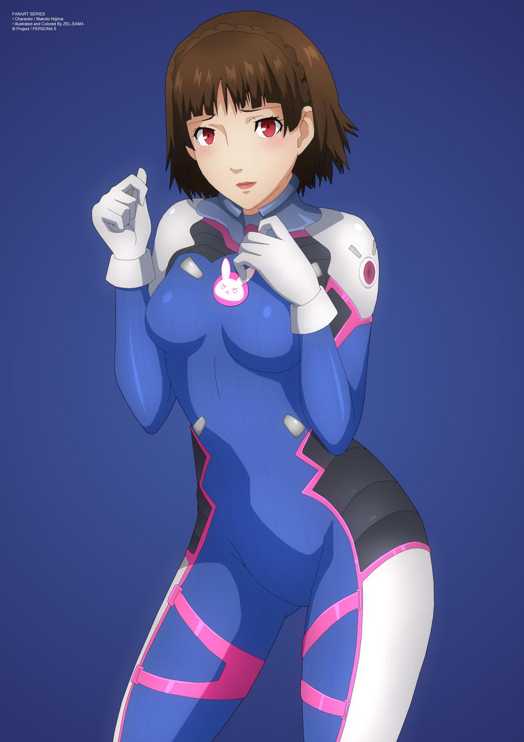 atlus bodysuit breasts brown_hair cosplay crossover d.va_(cosplay) female lipstick makoto_niijima overwatch persona persona_5 red_eyes solo tagme yukino_memories