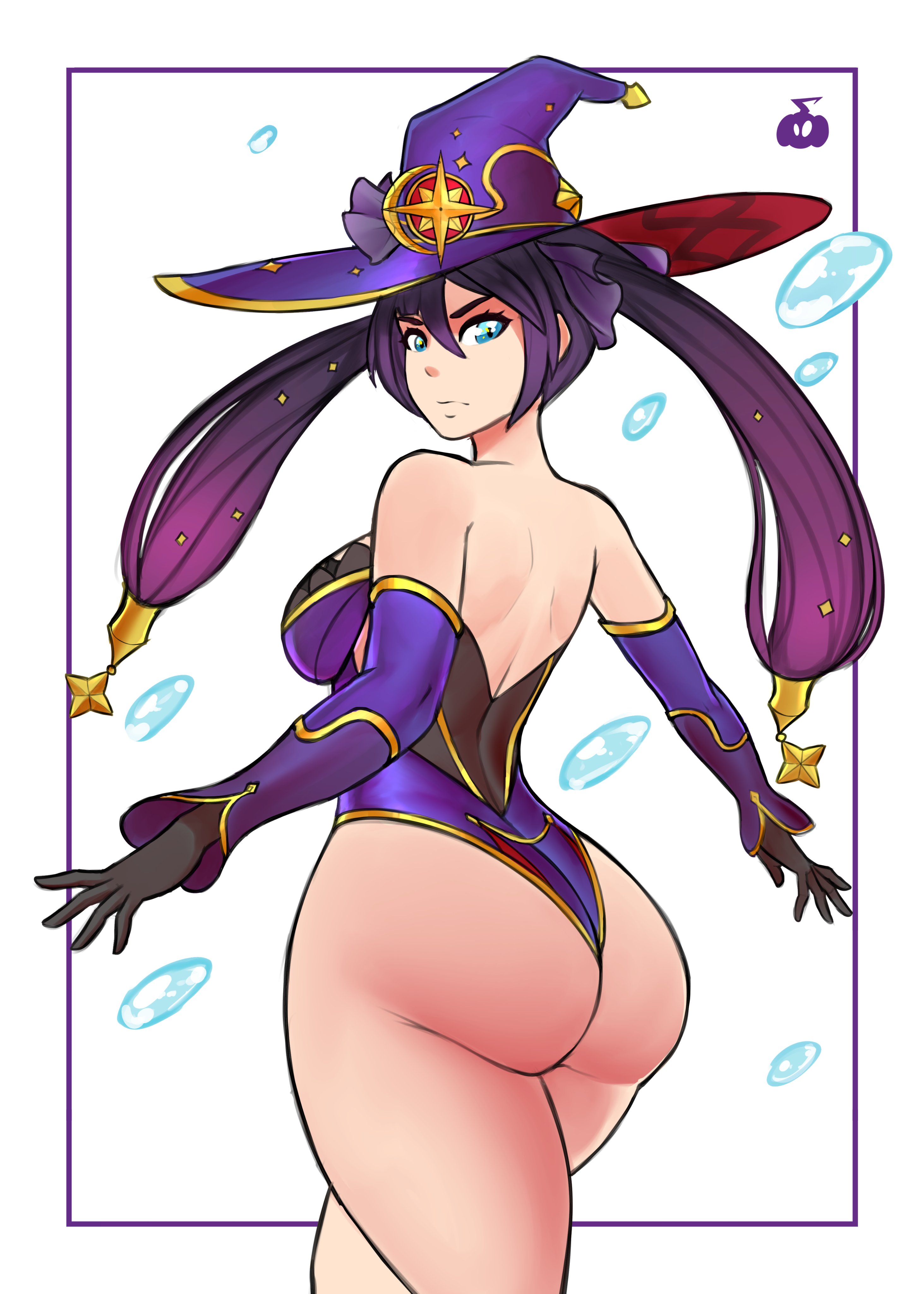1girls, ass, big ass, big breasts, big butt, blue eyes, breasts, eye contact, female, genshin impact, gloves, hair ornament, hat, leotard, looking at viewer, mona (genshin impact), purple hair, standing, thick ass, twintails, unclepumpkins, witch hat