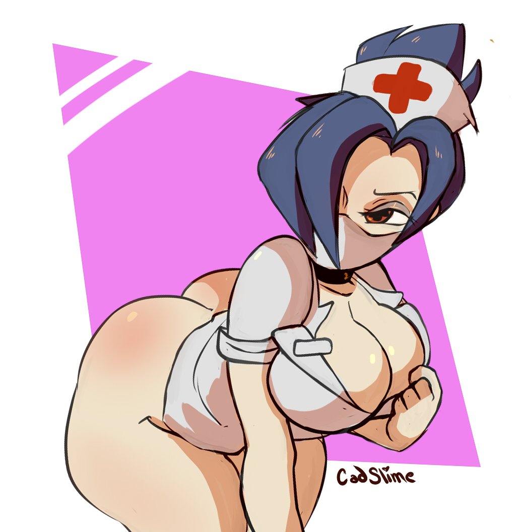 big_ass big_breasts blue_hair cadslime curvy eyeshadow facemask female mask nurse nurse_cap nurse_uniform purple_background red_eyes skullgirls valentine_(skullgirls)