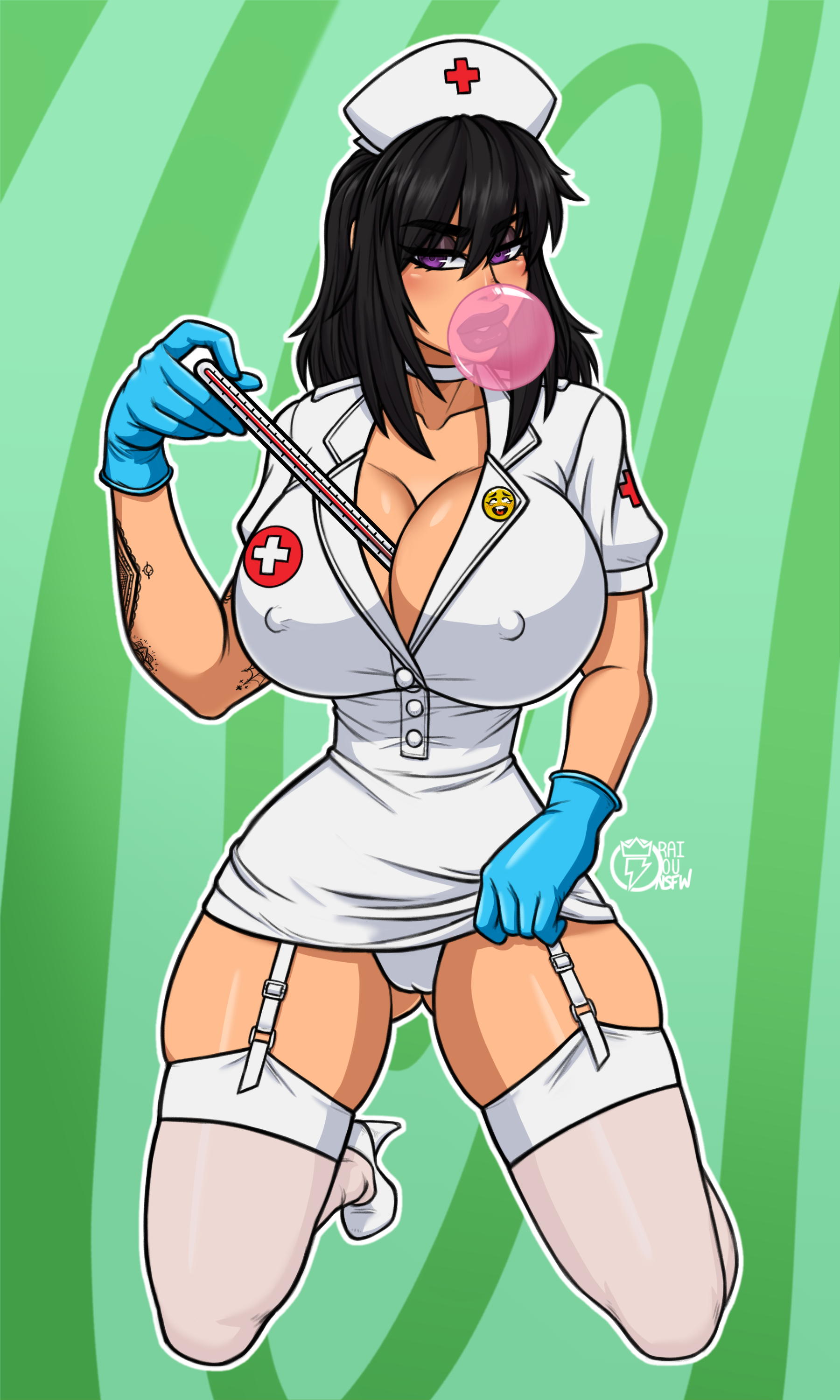 1girls, big lips, bimbo, bimbo body, bimbo lips, black hair, black lipstick, blowing bubblegum, breasts, bubblegum, bursting breasts, busty, choker, cleavage, erect nipples, female, female only, garter straps, gloves, heels, huge breasts, latex gloves, nina aka bubblegum thot, nipples, nurse, nurse cap, nurse uniform, purple hair, raiounsfw, showing panties, solo, tattoo, thermometer, thick, thighhighs, tight clothes, tight clothing