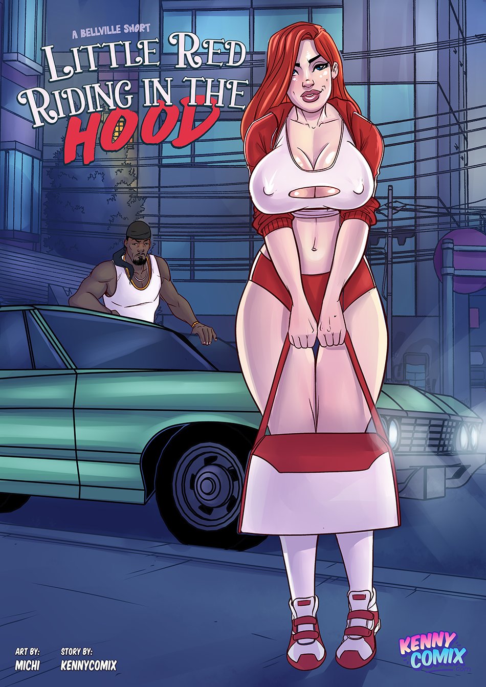 1boy, 1girls, athletic, athletic female, big breasts, breasts, busty, cleavage, cleavage cutout, comic, crop top, dark skin, dark-skinned male, erect nipples, female, full body, hourglass figure, kennycomix, light skin, light-skinned female, lipstick, little red riding in the hood, long hair, male, michi (artist), muscular, muscular male, navel, nipple bulge, nipples, red hair, skimpy, skimpy clothes, sleeves rolled up, sneakers, speech bubble, standing, text, wide hips