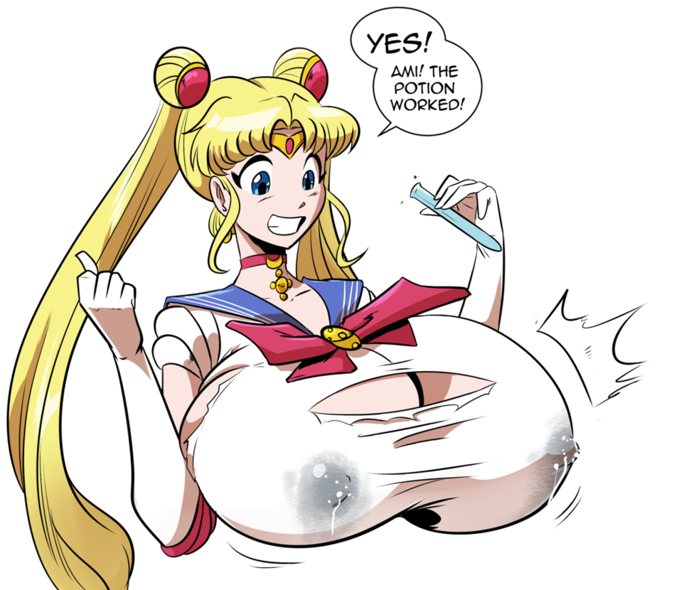 1girls alternate_breast_size bishoujo_senshi_sailor_moon blonde_hair blue_eyes breast_expansion breasts cleavage clothing english_text erect_nipples erection_under_clothes female female_only female_solo huge_breasts lactation lactation_through_clothes lakehylia large_breasts nipple_bulge sailor_moon solo solo_female speech_bubble text torn_clothes upper_body usagi_tsukino