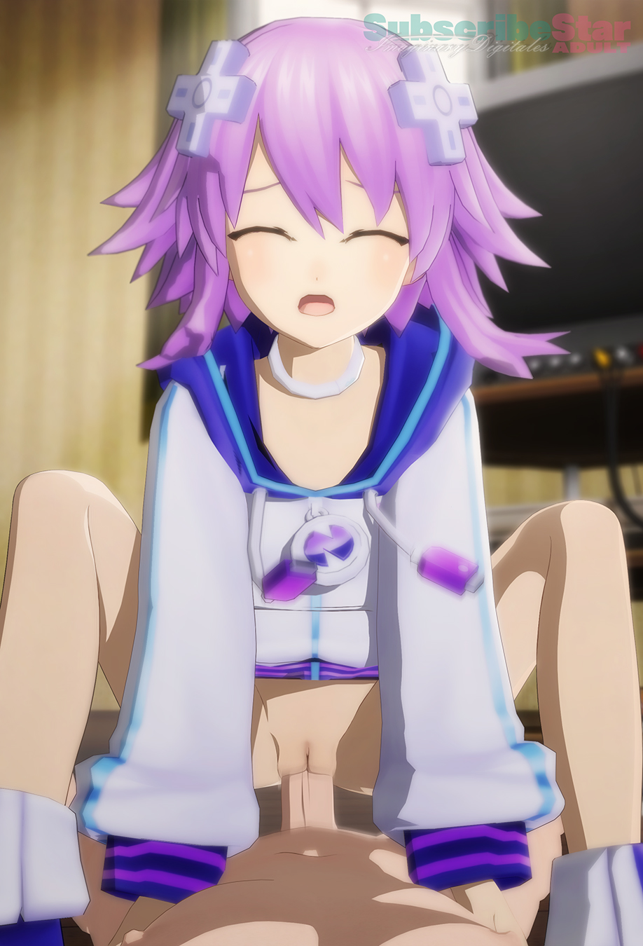 1boy 1boy1girl 1girls 3d bottomless closed_eyes clothed_sex clothing cowgirl_position cpu_(neptunia) d-pad d-pad_hair_ornament female flat_chest flat_chested girl_on_top goddess hair_ornament human imaginarydigitales indoors jacket male mouth_open neptune_(neptunia) neptunia_(series) open_mouth penetration penis purple_hair pussy sex short_hair small_breast video_games