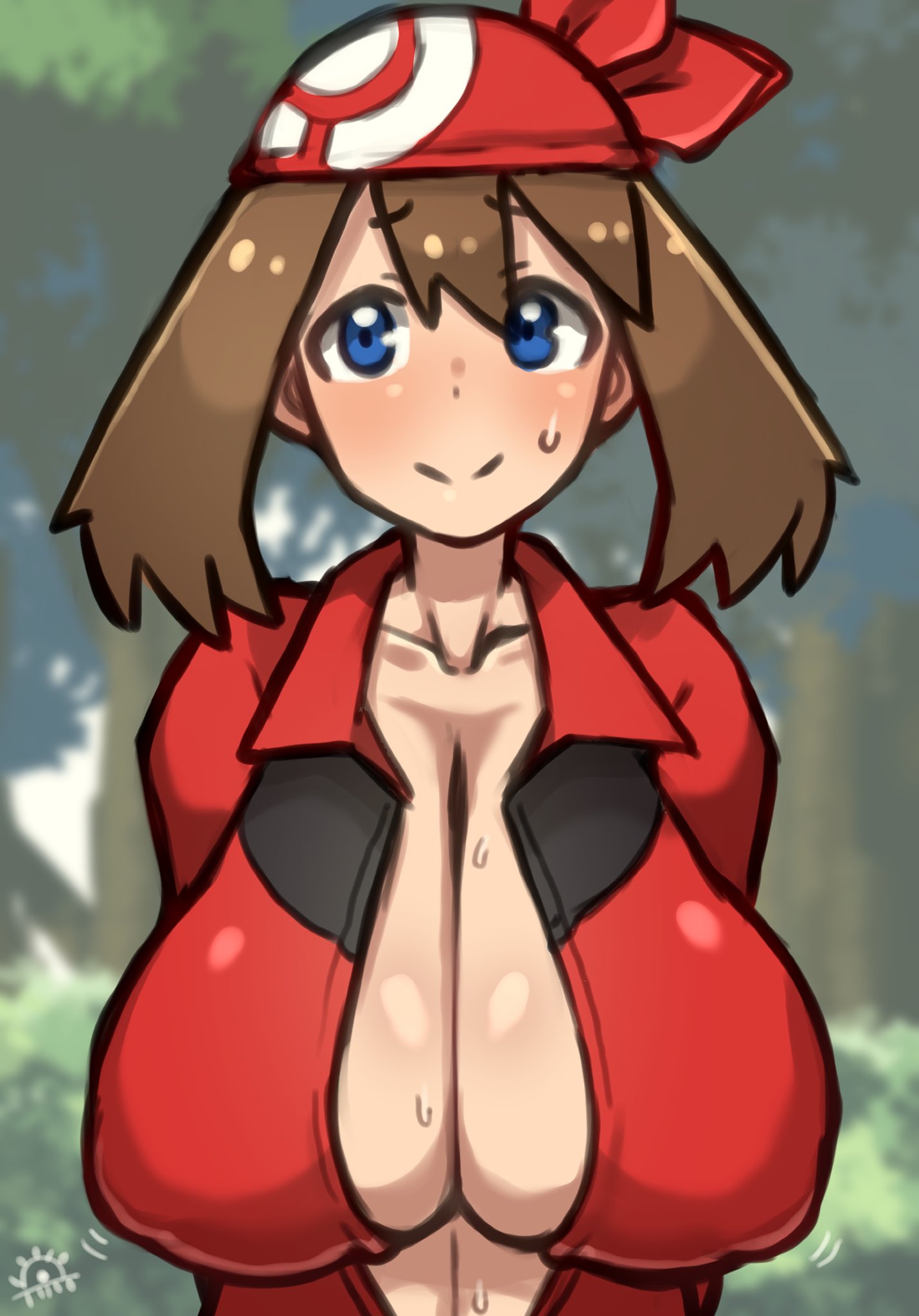 2021, big breasts, blue eyes, breasts, female, huge breasts, kurage shokushu, looking at viewer, may (pokemon), nipple bulge, no bra, open clothes, pokemon, sweat, tagme, unzipped
