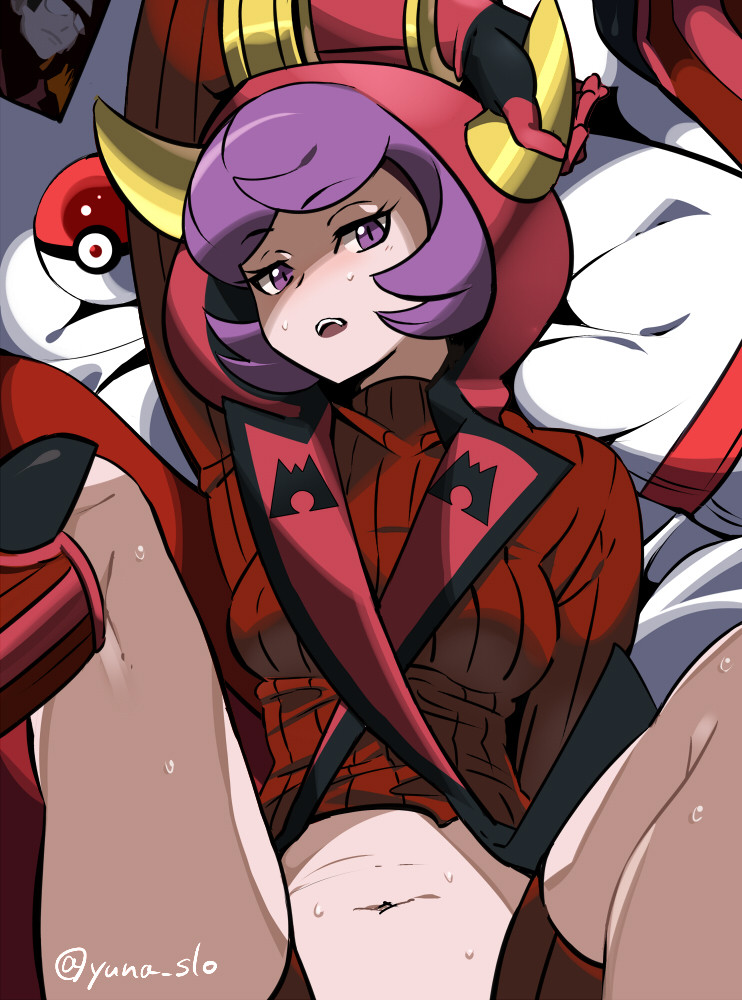 1girls, artist request, blush, boots, breasts, courtney (pokemon), fake ears, female, hoodie, horn, horns, implied sex, kneehighs, legs up, long sleeves, looking at viewer, medium breasts, missionary position, navel, on back, on bed, pokeball, pokemon, purple eyes, purple hair, short hair, shorts, solo focus, sweat, sweatdrop, sweater, turtleneck, yuna slo