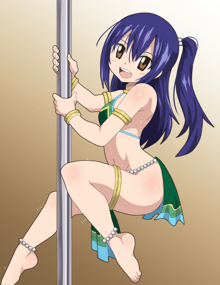 1girls alternate_costume ankle_bracelets anklet arabian_clothes barefoot belly_dancer belly_dancer_outfit blue_hair brown_eyes dancer_outfit dmayaichi fairy_tail feet flat_chest harem_girl harem_outfit herchi jewelry loincloth long_hair looking_at_viewer midriff petite pole pole_dancer pole_dancing side_ponytail solo solo_female stripper_pole toes wendy_marvell