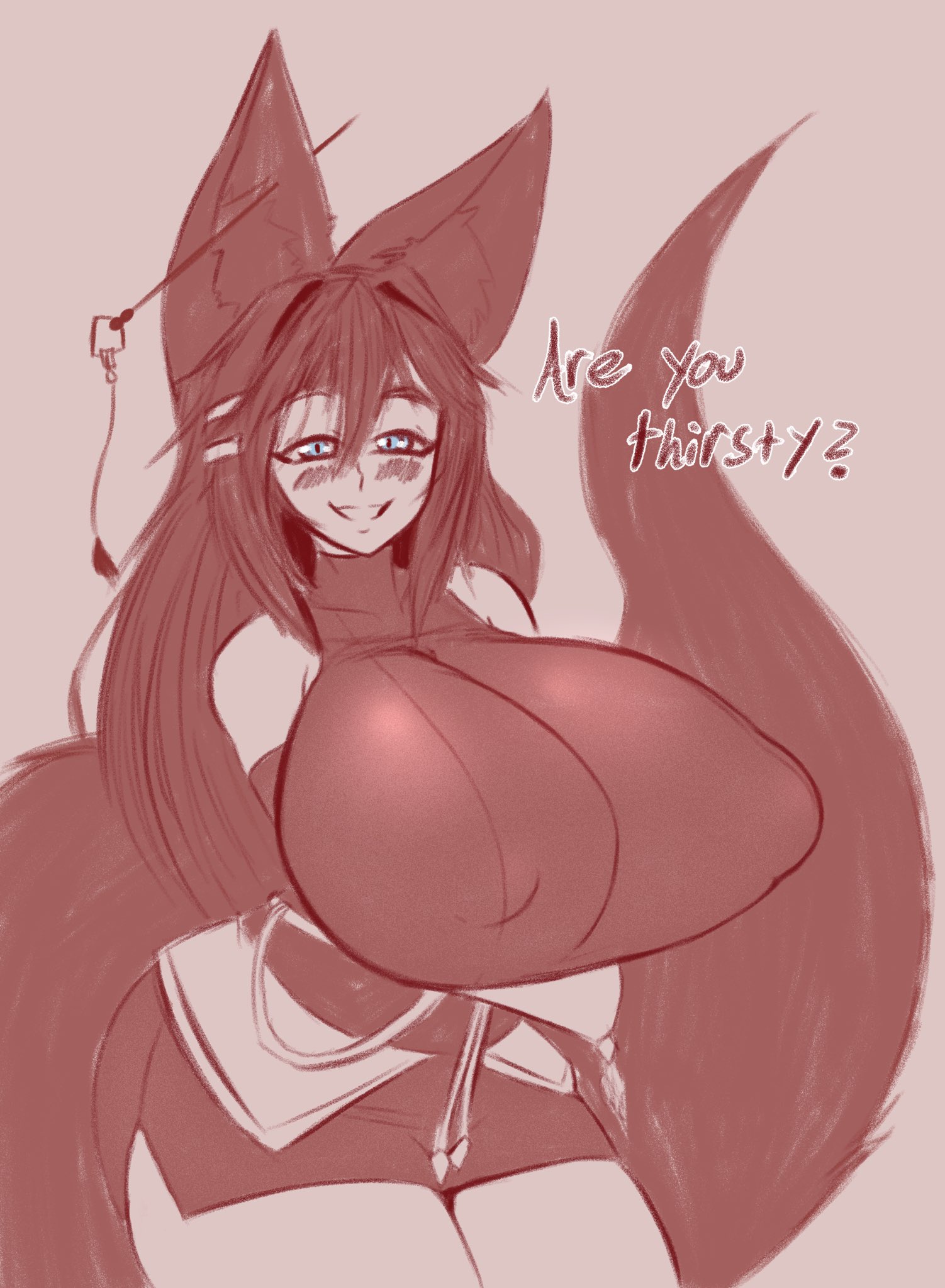 1girls, 2021, alternate version available, breasts, critnuke, female, fox ears, fox girl, fox tail, huge breasts, kiri (sub-res), looking at viewer, nipple bulge, solo, solo female, tagme, talking to viewer
