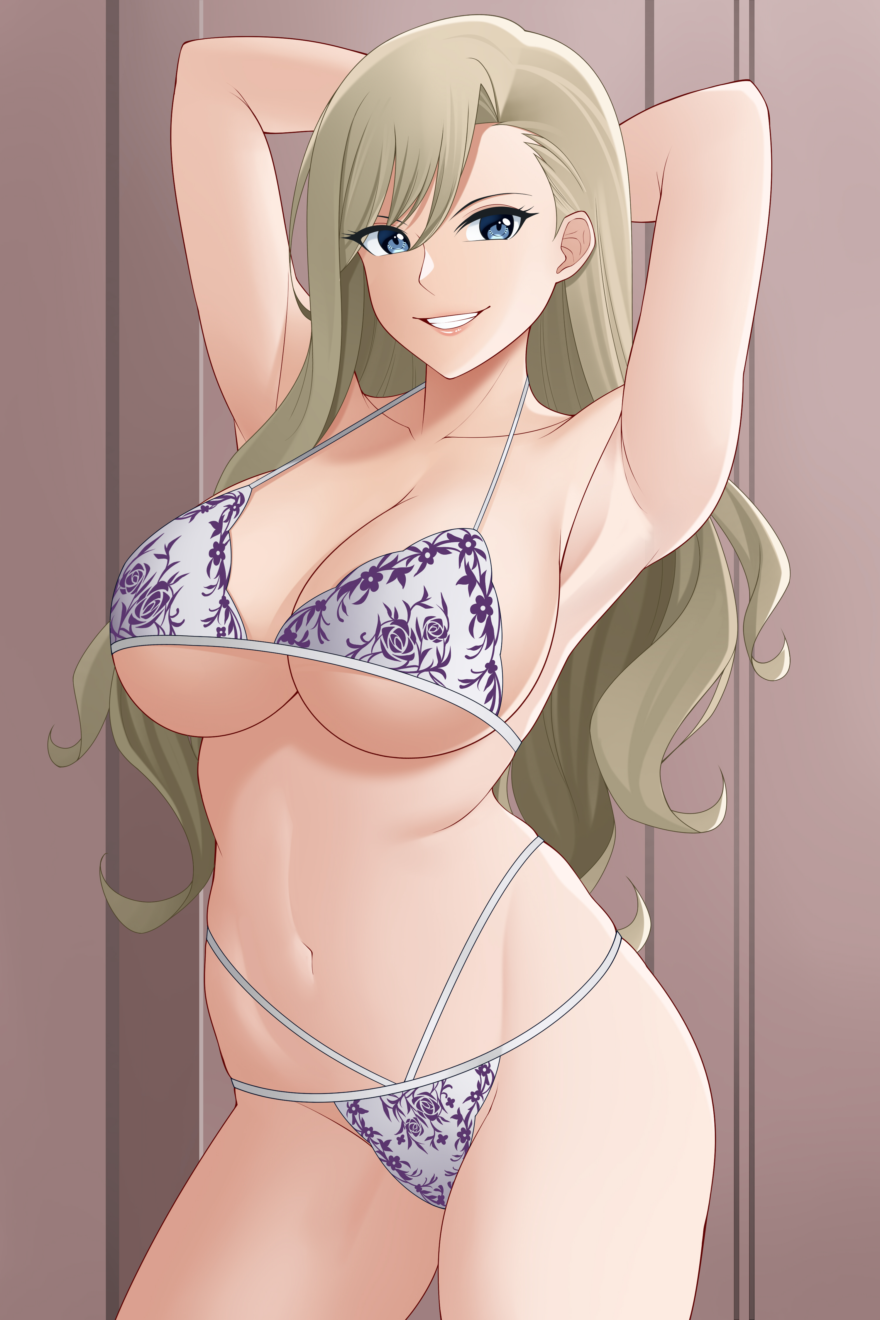 1girls, armpits, arms behind back, aslindsamure, big breasts, blonde hair, blonde-haired female, breasts, cleavage, edens zero, female, female focus, female only, lingerie, long hair, looking at viewer, multi-strapped bikini, multi-strapped panties, rebecca bluegarden, small panties, smile, solo, standing, underboob, wavy hair