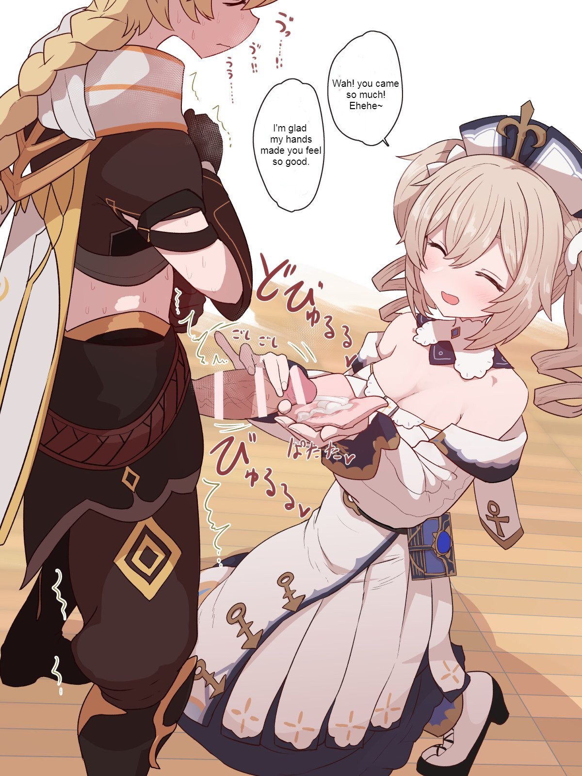 1boy, 1girls, aether (genshin impact), barbara (genshin impact), blonde hair, blue eyes, blush, breasts, censor bar, censored, cleavage, closed eyes, comic, dress, english text, erection, female, genshin impact, handjob, handkerchief, happy, kneeling, light skin, light-skinned female, light-skinned male, male, nun, pants, penis, penis out, speech bubble, standing, straight, sumiyao (amam), twintails, veiny penis