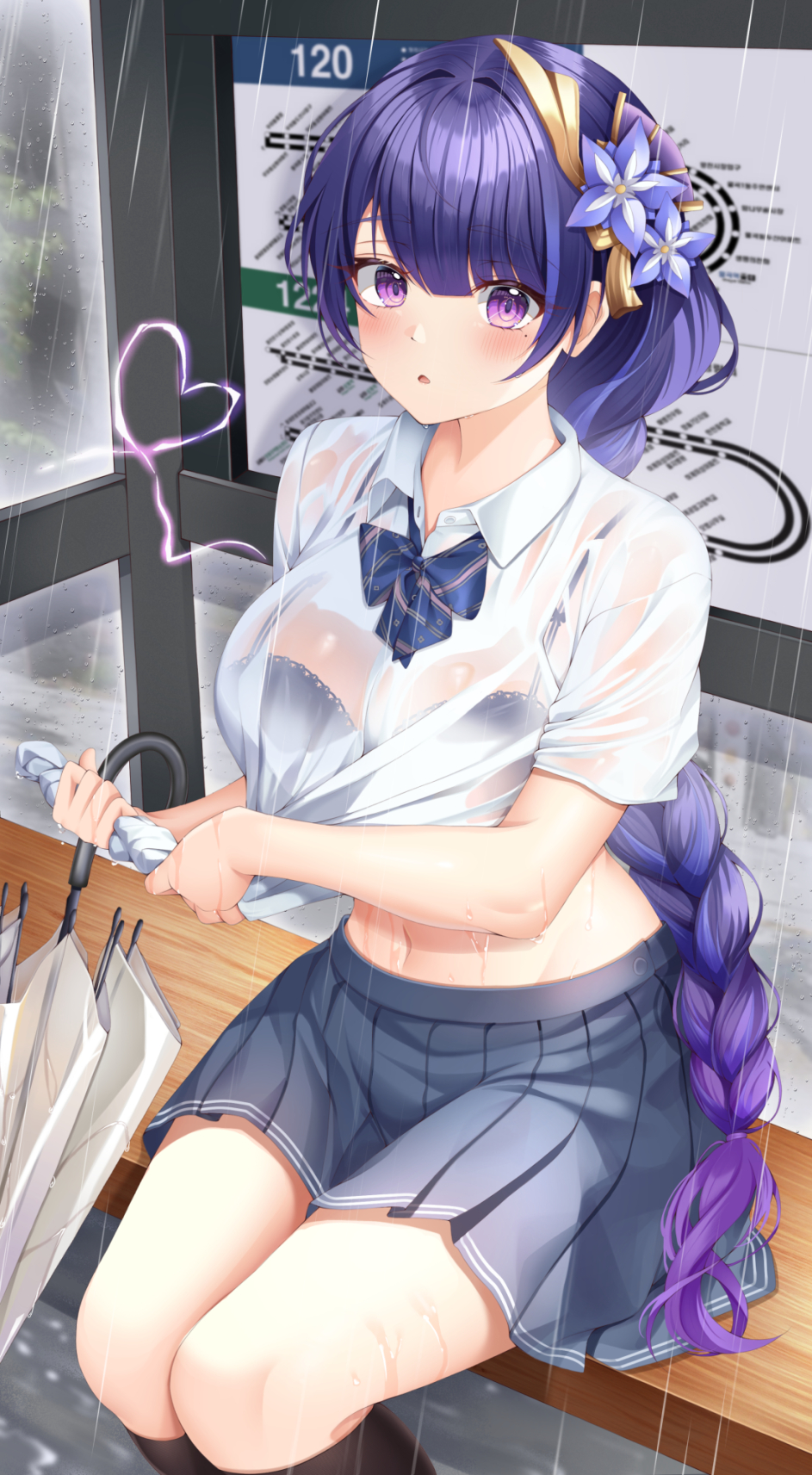 female, genshin impact, looking at viewer, raiden shogun, raining, school uniform, wet clothes