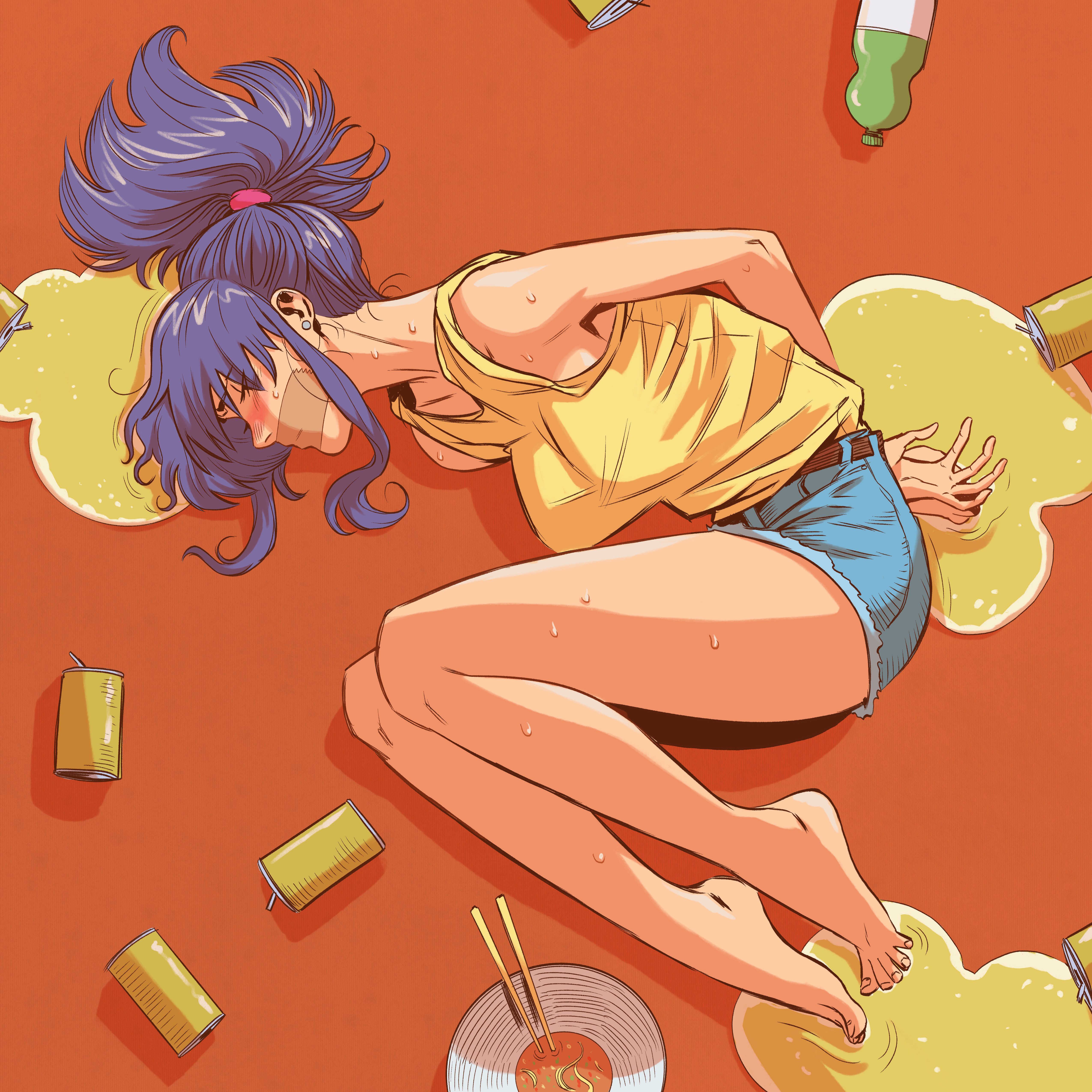 1girls, above view, arms behind back, barefoot, beer, beer can, blue hair, blush, bondage, bound, bound wrists, breasts, clothing, female, female only, fully clothed, gag, gagged, large breasts, long hair, lordtabaqui, misato katsuragi, neon genesis evangelion, on floor, shorts, solo, tank top, tape gag, taped mouth, tied up, yellow tank top