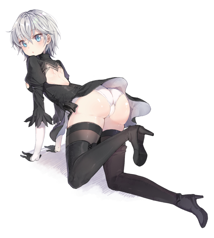:o, all fours, anastasia (idolmaster), aqua eyes, arm support, ass, black dress, black footwear, black gloves, black ribbon, blush, breasts, cleavage, cleavage cutout, clothing cutout, cosplay, dress, eyebrows, eyebrows visible through hair, eyelashes, eyelashes visible through hair, female, female only, from behind, gloves, hair between eyes, high heel boots, high heels, idolmaster, idolmaster cinderella girls, long sleeves, looking back, nier (series), nier: automata, open mouth, puffy sleeves, ribbon, shiny, shiny skin, short hair, silver hair, simple background, thigh boots, thighhighs, thighhighs under boots, upskirt, white background, white leotard, yorha 2b (cosplay)