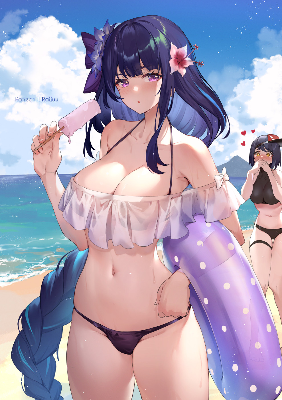 2girls bare_shoulders beach bikini blush braid breasts covering_mouth female female_only genshin_impact heart-shaped_pupils kujou_sara large_breasts milf mole mole_under_eye popsicle raiden_shogun raijuu_(bakanara) yuri