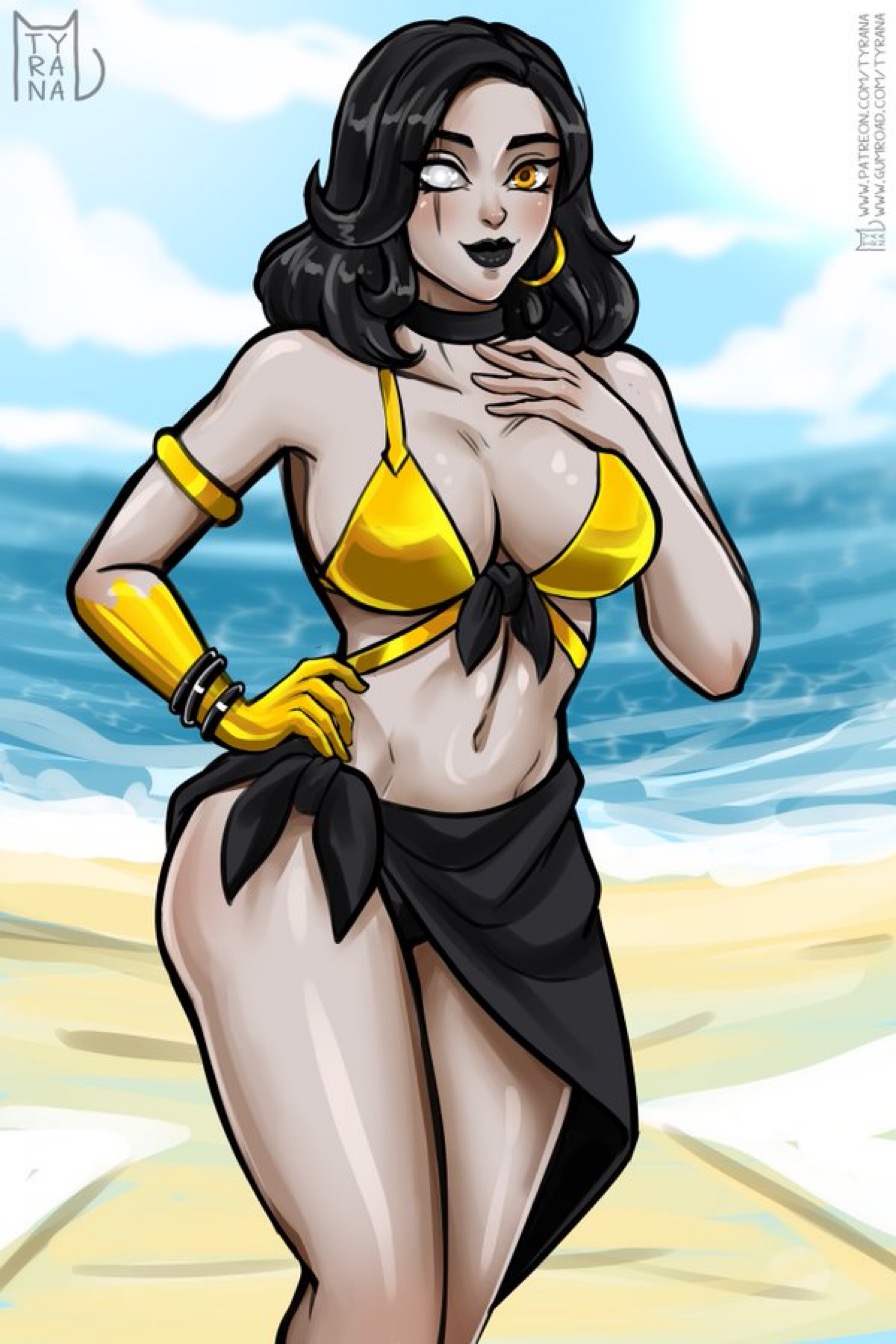 beach, bikini, black hair, black lipstick, bra, breasts, curvy, earrings, female, fortnite, fortnite: battle royale, gold eyes, golden hand, jewelry, marigold (fortnite), sarong, skirt, smile, thick, thighs, tyrana