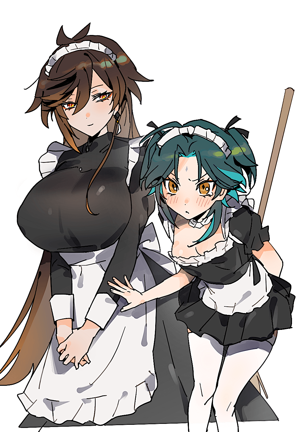 2021 2girls :< apron bare_arms black_dress black_hair brown_eyes brown_hair choker cleavage clothed clothing dress earrings eyebrows_visible_through_hair female female_only frilled_apron frilled_choker frilled_dress frills genderswap_(mtf) genshin_impact gradient_hair green_hair half-closed_eyes highres holding_stick huge_breasts jewelry leaning_forward long_hair looking_at_another looking_at_viewer maid maid_headdress maid_uniform matching_hair/eyes mimlmi multicolored_hair multiple_girls pleated_skirt puffy_short_sleeves rule_63 short_dress short_hair short_twintails simple_background single_earring skirt small_breasts smaller_female smile standing stick thighhighs tied_hair twintails two_tone_hair uniform v_arms very_long_hair waist_apron white_background xiao_(genshin_impact) yellow_eyes zhongli_(genshin_impact) zhongli_jiejie